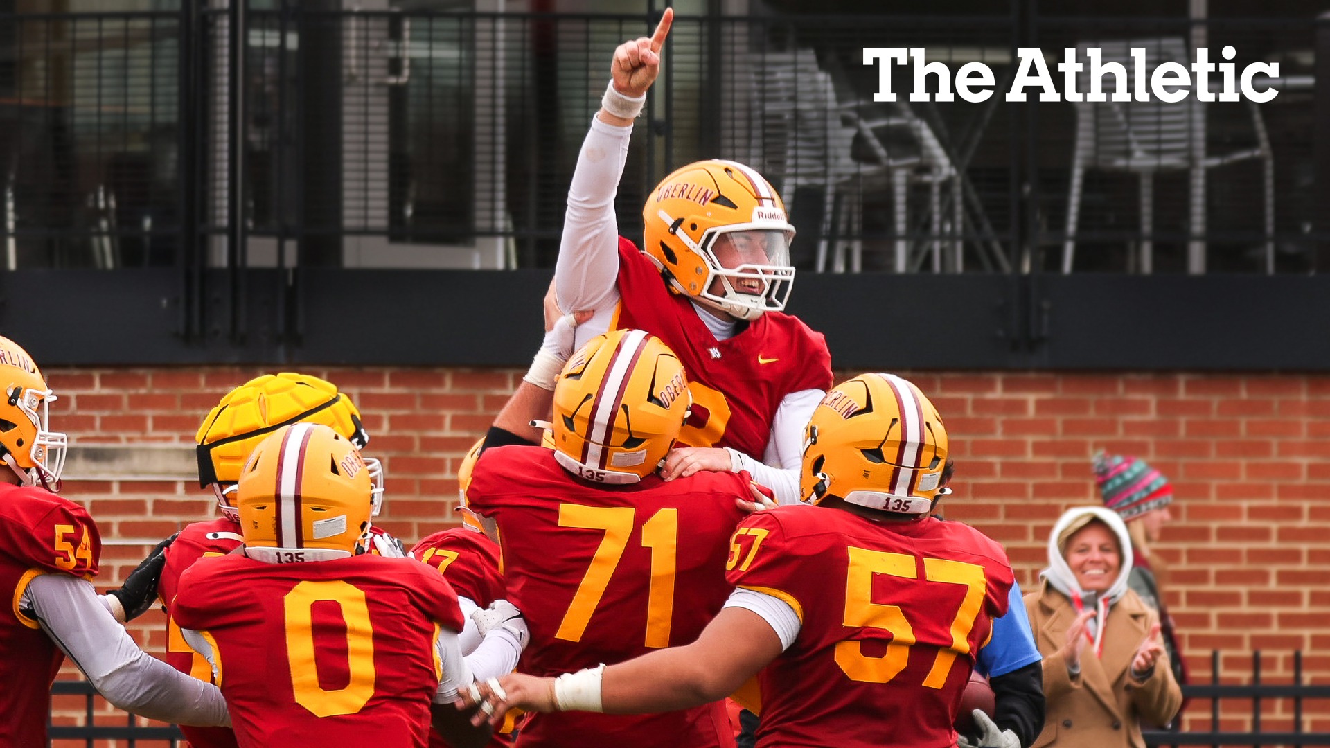 Drew Nye celebrating with 'The Athletic' in the upper right corner