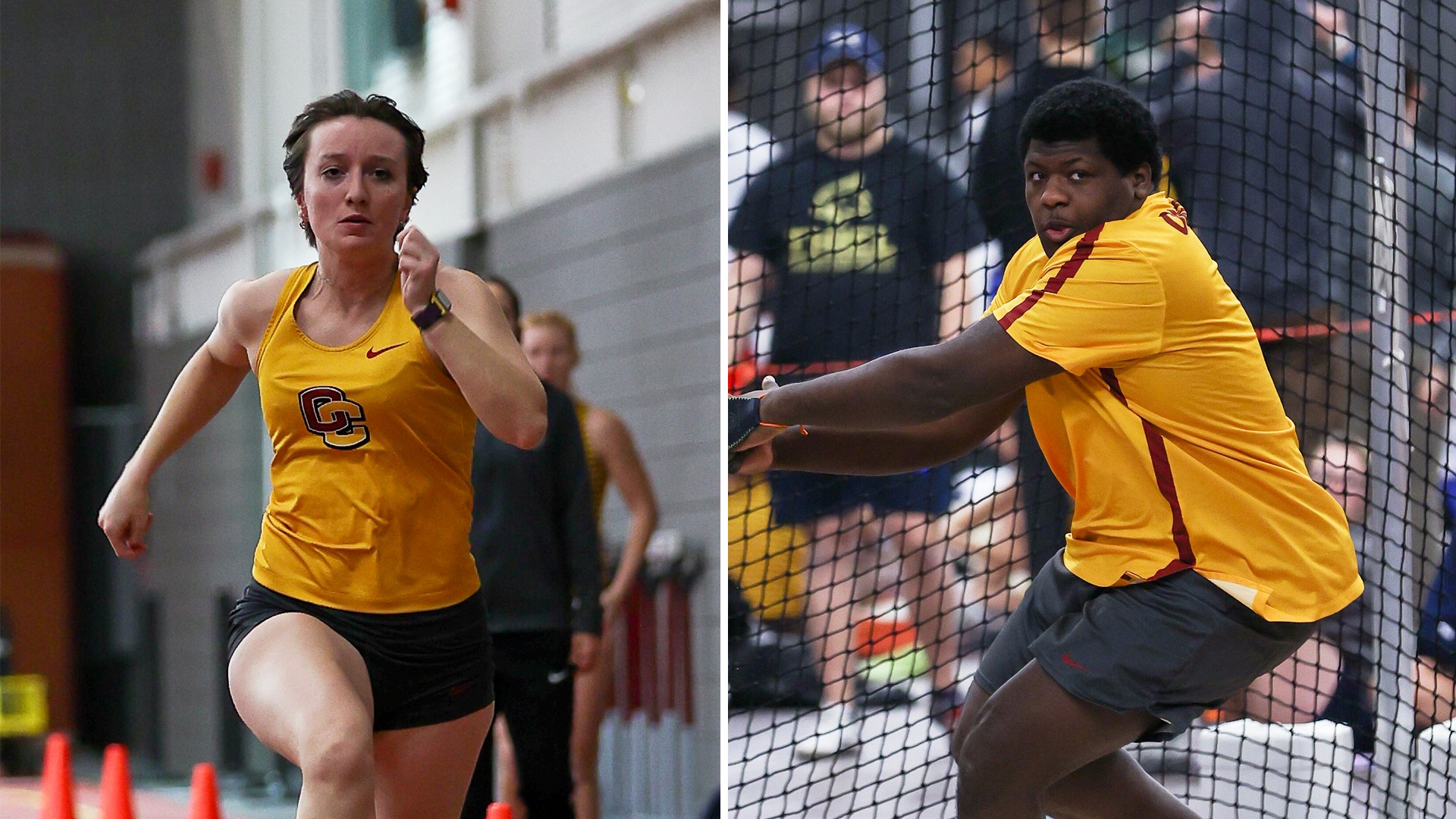 Celia Vaughn sprinting on left, Abraham Cromartie V throwing on right