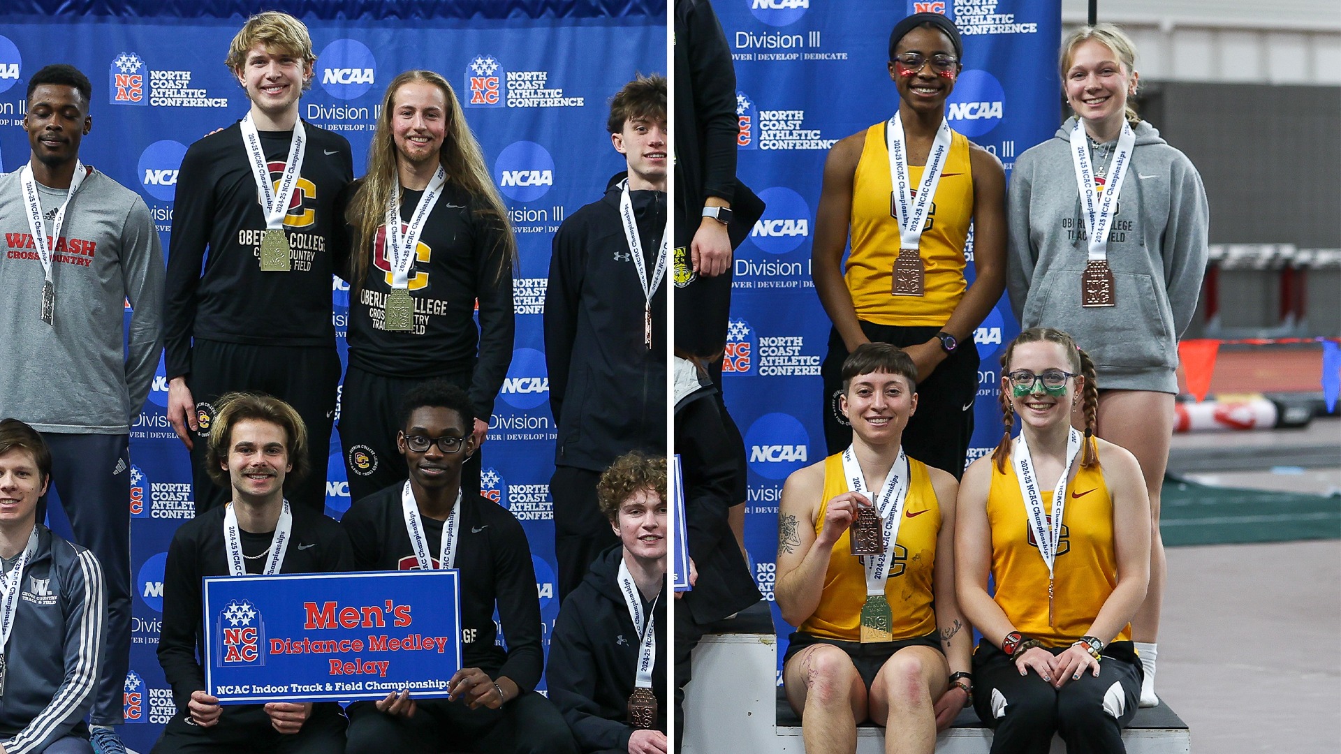 Oberlin College Track and Field Teams Smiling on the Podium