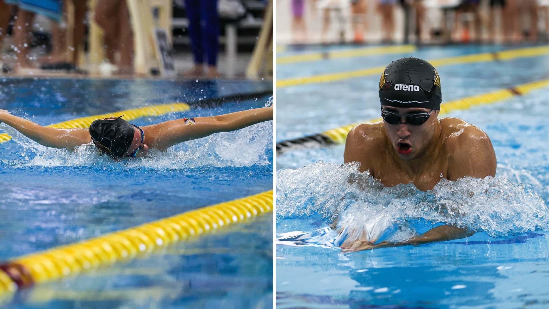 Kendall McKelvey swimming butterfly on left, Miguel Siwady swimming breaststroke on right