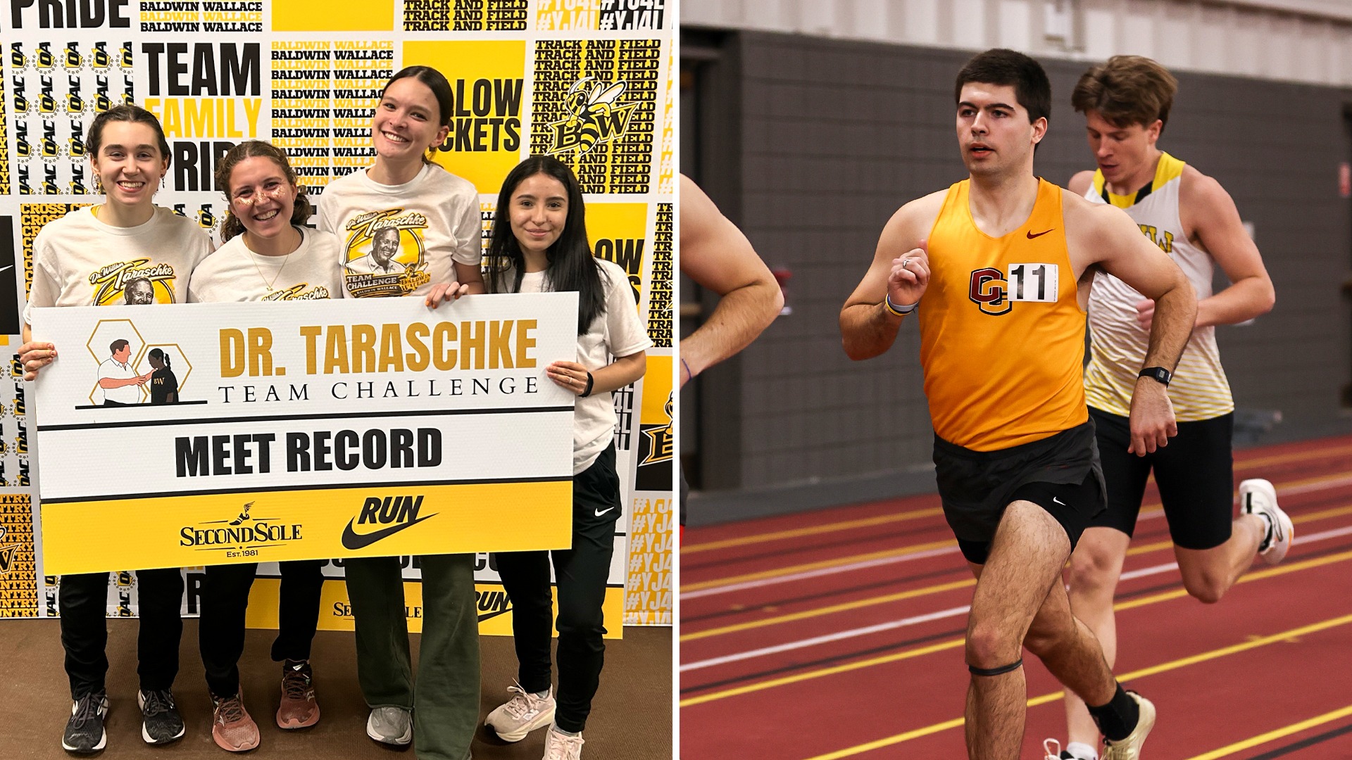 Ella Wozek, Amber Borofsky, Mirabel Adams, and Samantha Soto holding meet record sign on left, Kit Evans running on right