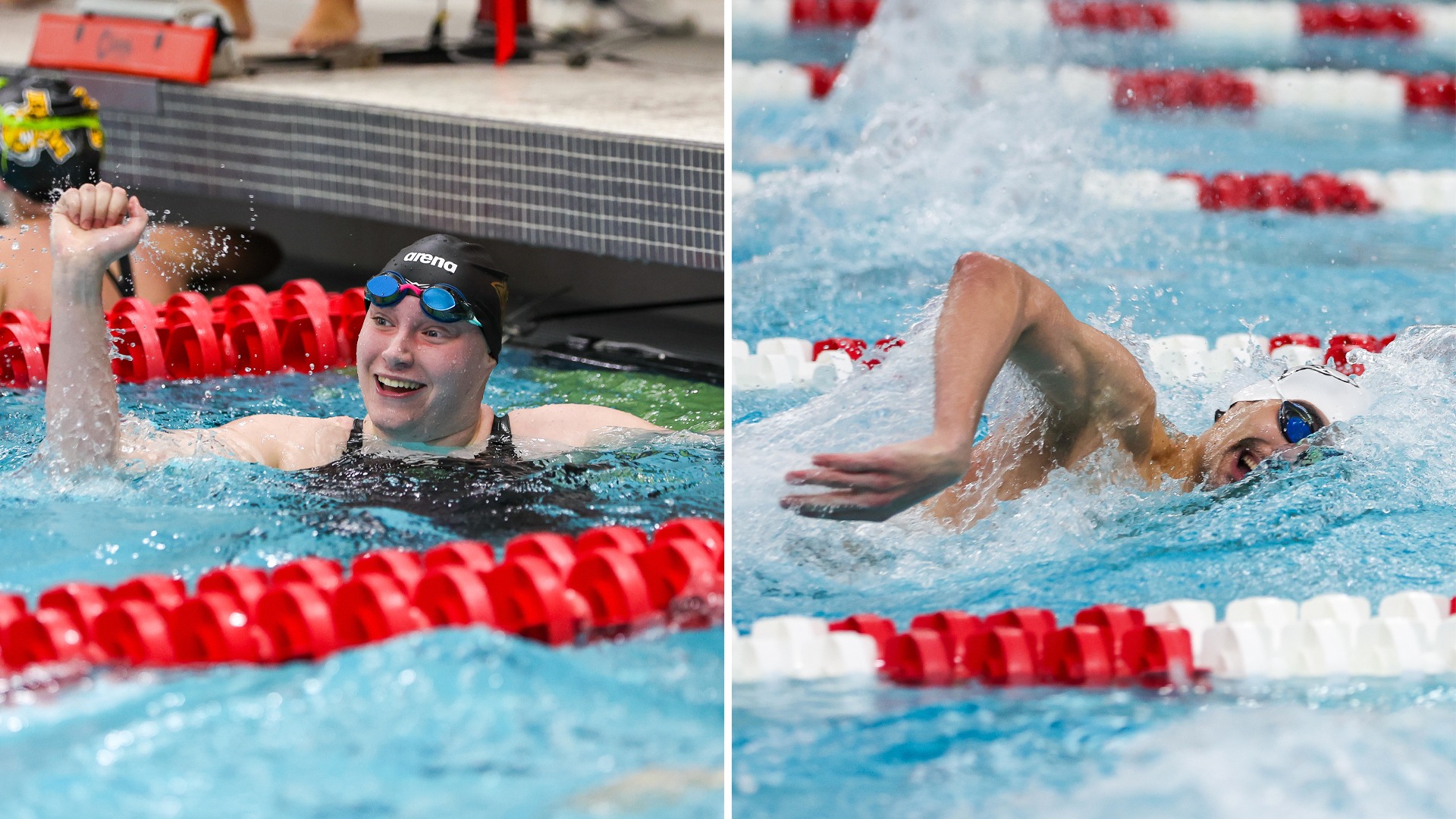 Gretchen Lotter cheering on the left side, Chahine Saïd swimming on the right