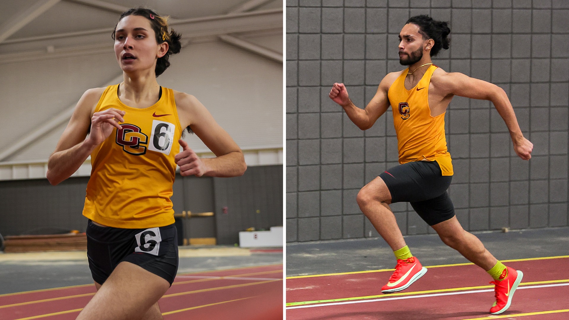 Sofia Picucci running on left, Micah Quinones running down runway for triple jump on right