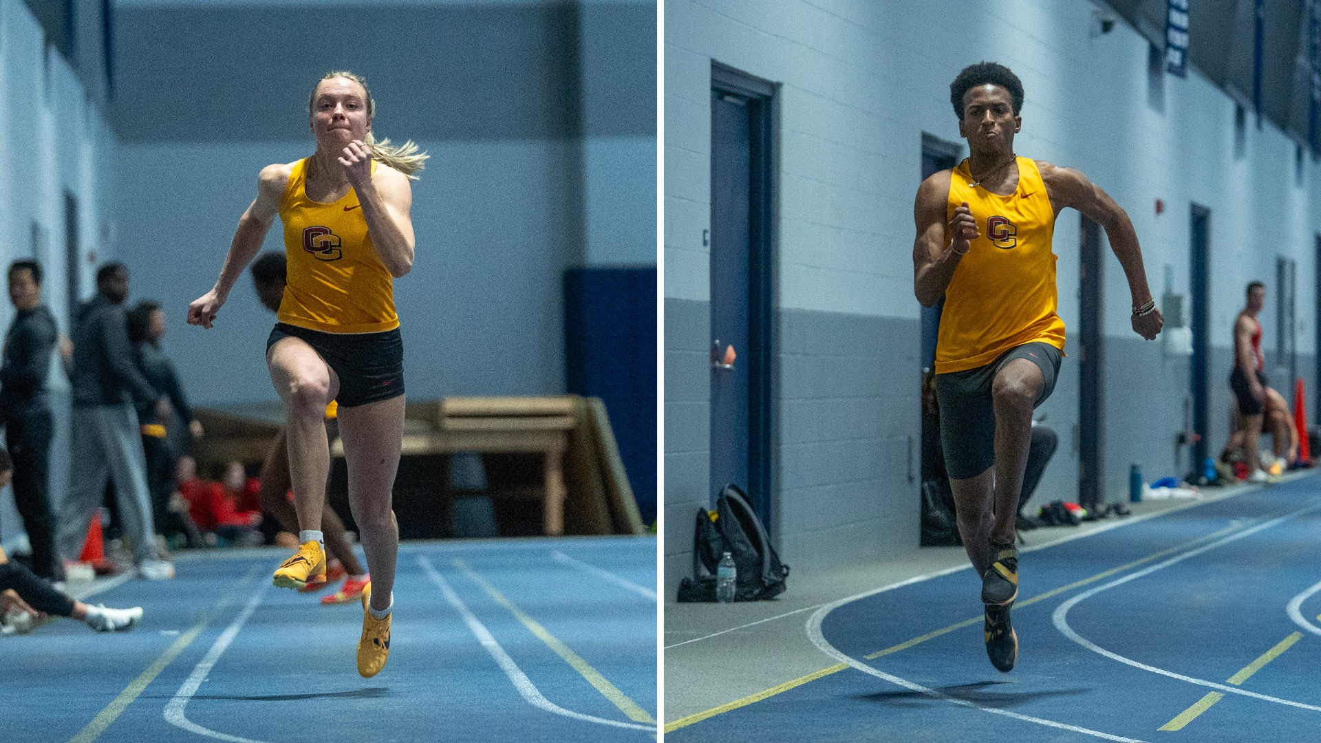 Anna Fritz running down runway for long jump on left, Namu Makatiani running down runway for triple jump on right