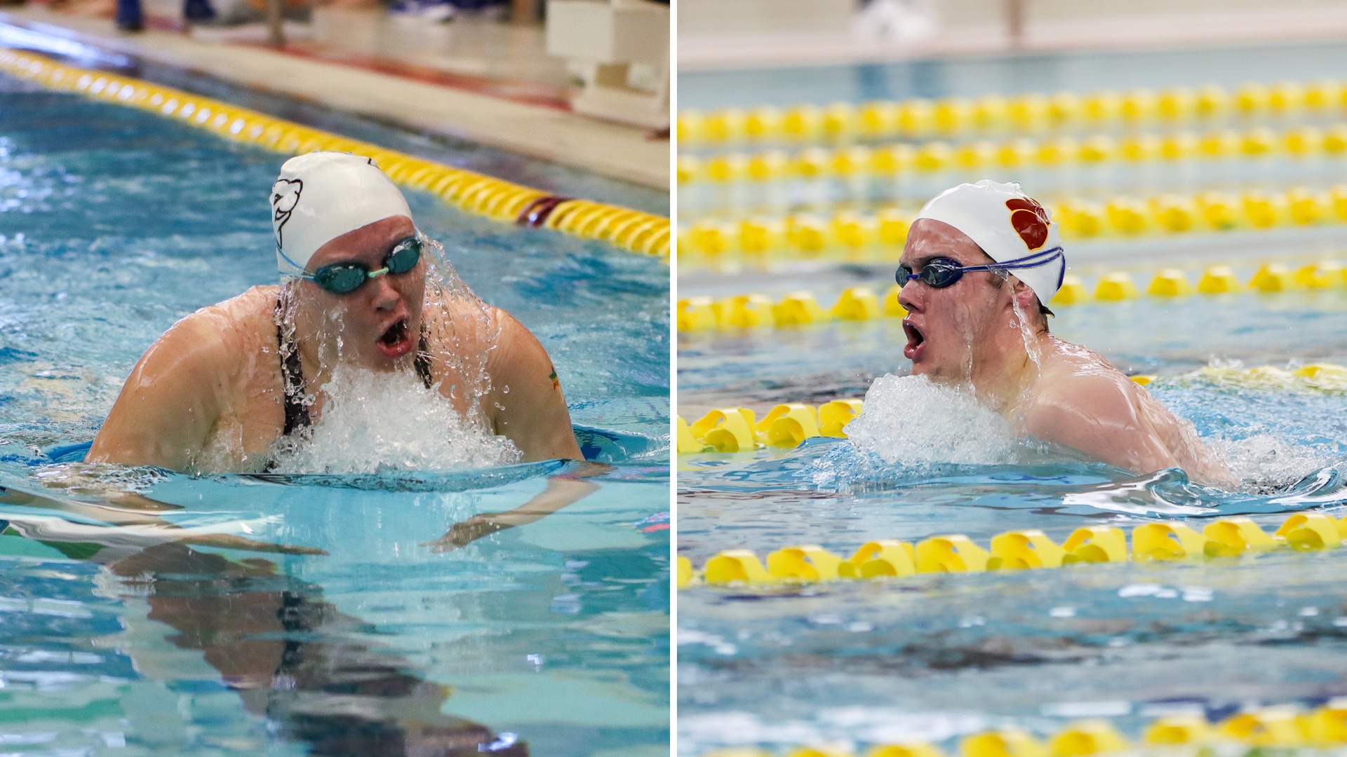 Katherine Noller swimming breaststroke on left, Leo Powers swimming breastroke on righ