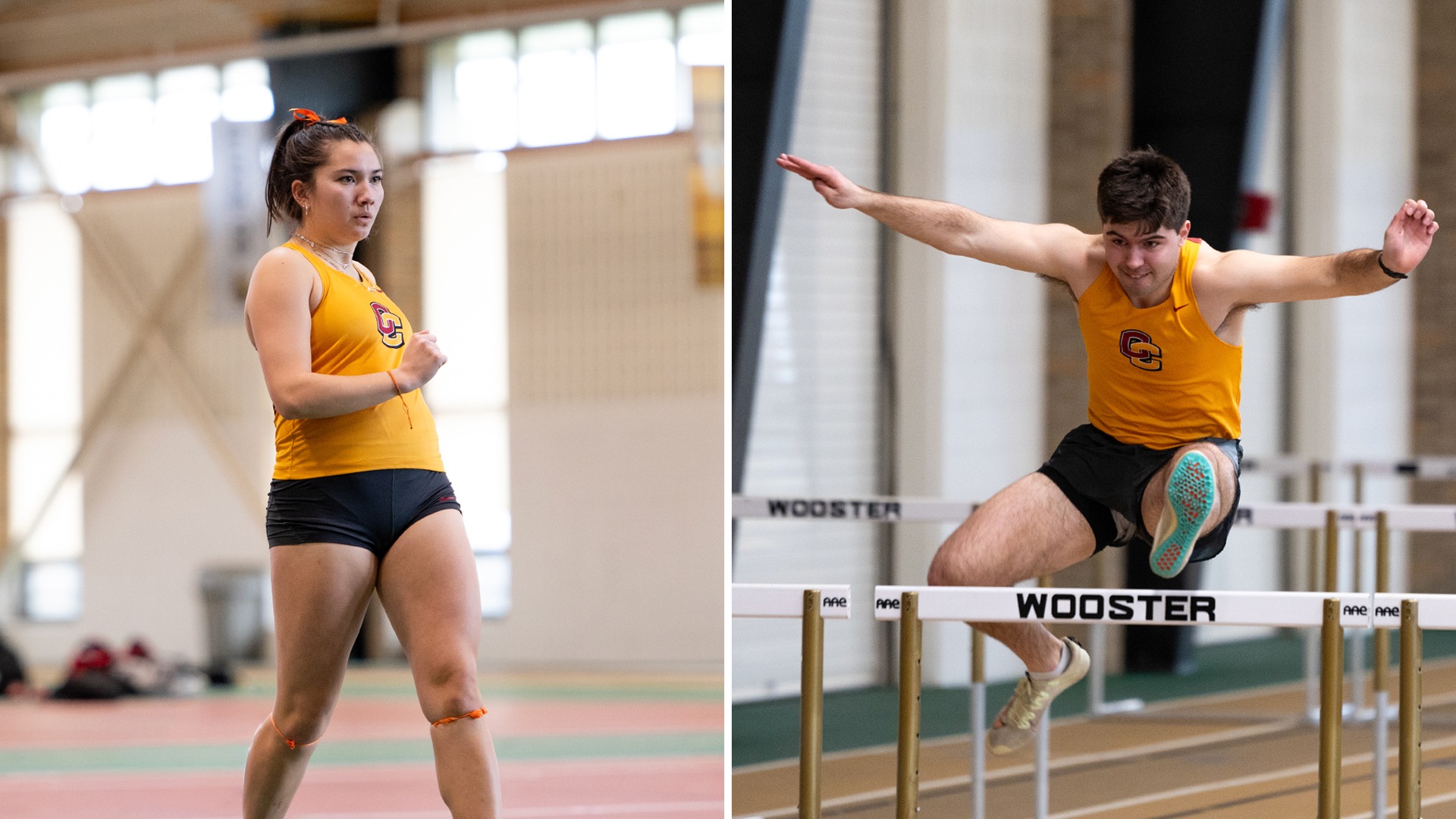 Averi Williams preparing to attempt high jump on left, Kit Evans clearing hurdle on right