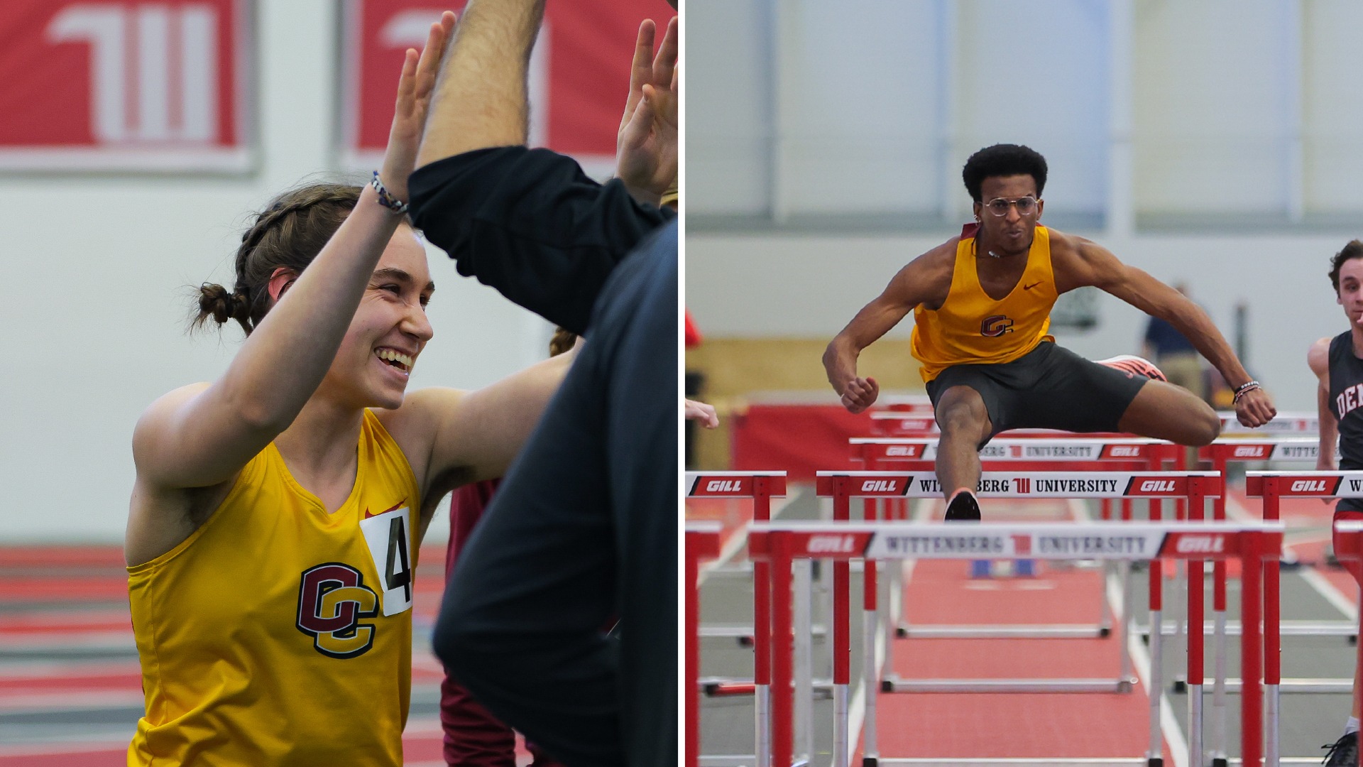 Ella Wozek smiling while high fiving teammate on left, Namu Makatiani clearing a hurdle on right