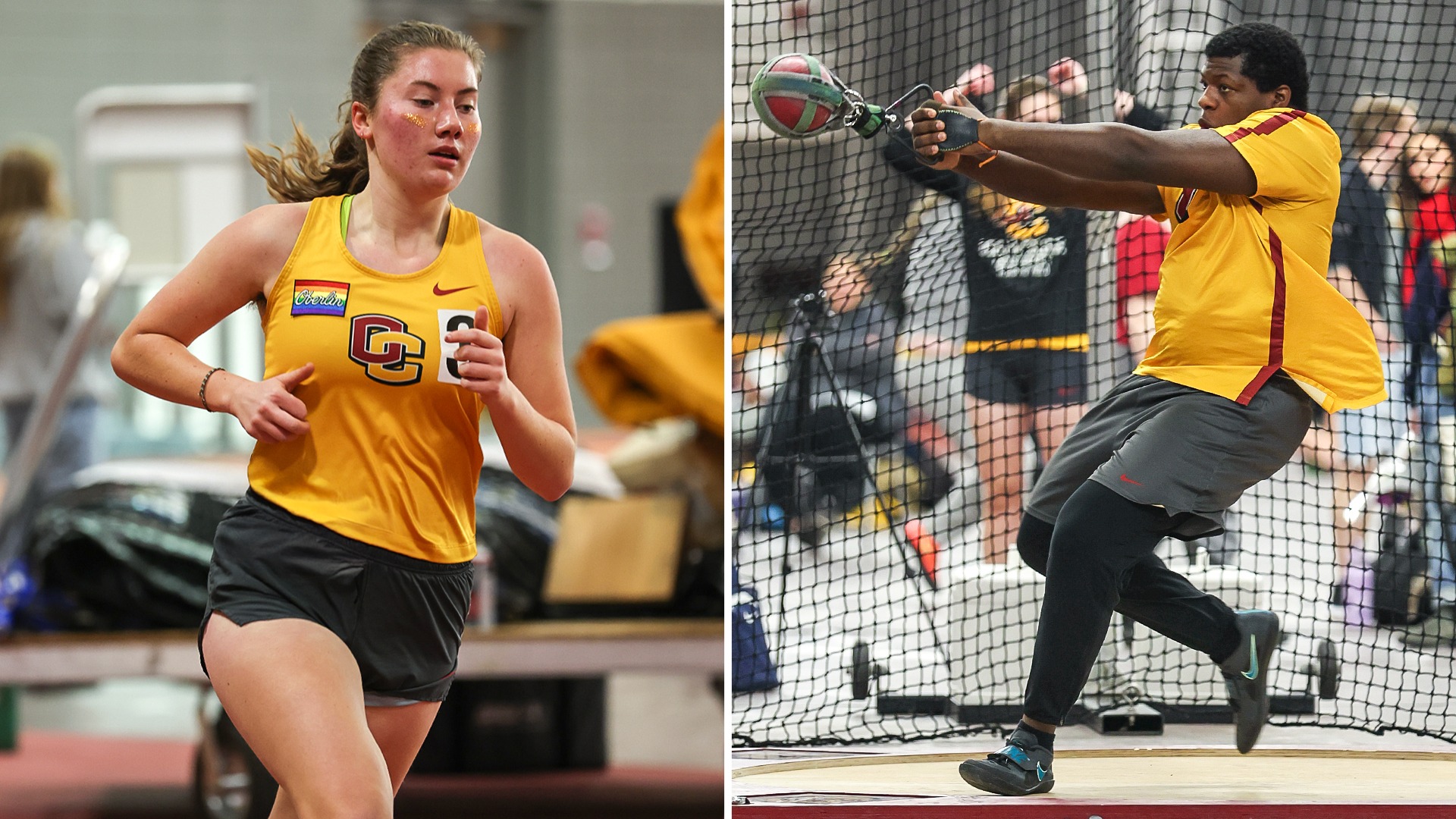 Chelsea Larsen running on left, Abraham Cromartie V throwing weight throw on right
