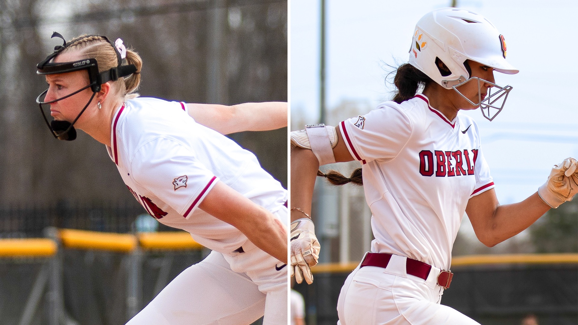 Hailey Alspach pitching on left, Anjali Singh running on right