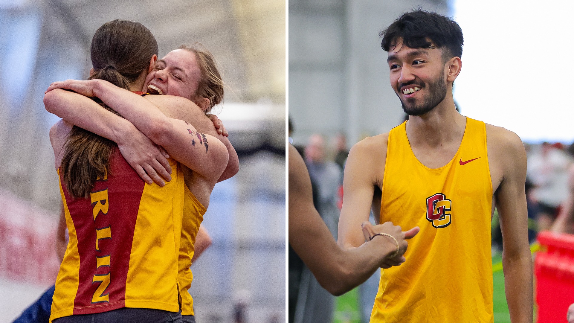 Char Purcell hugging teammate on left, Simon Tang smiling after race on right
