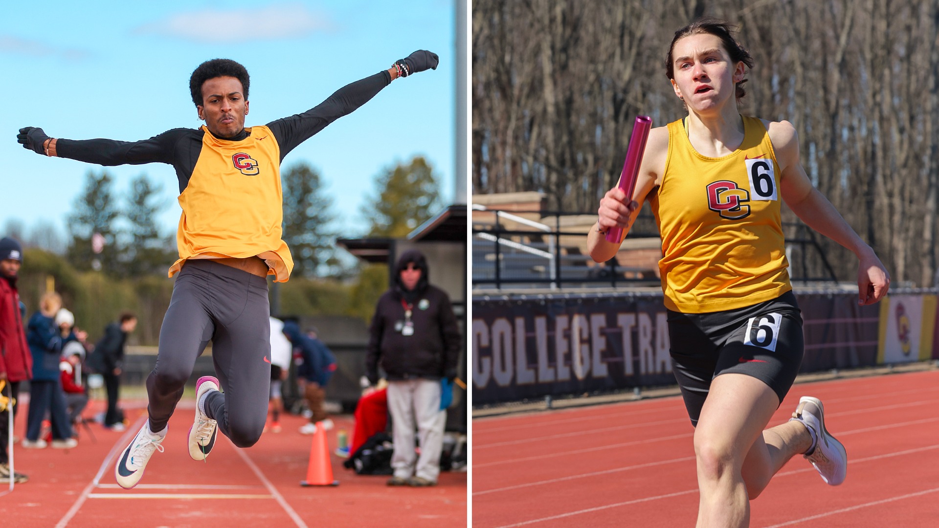 Namu Makatiani jumping in triple jump on left, Ella Wozek running with baton on right