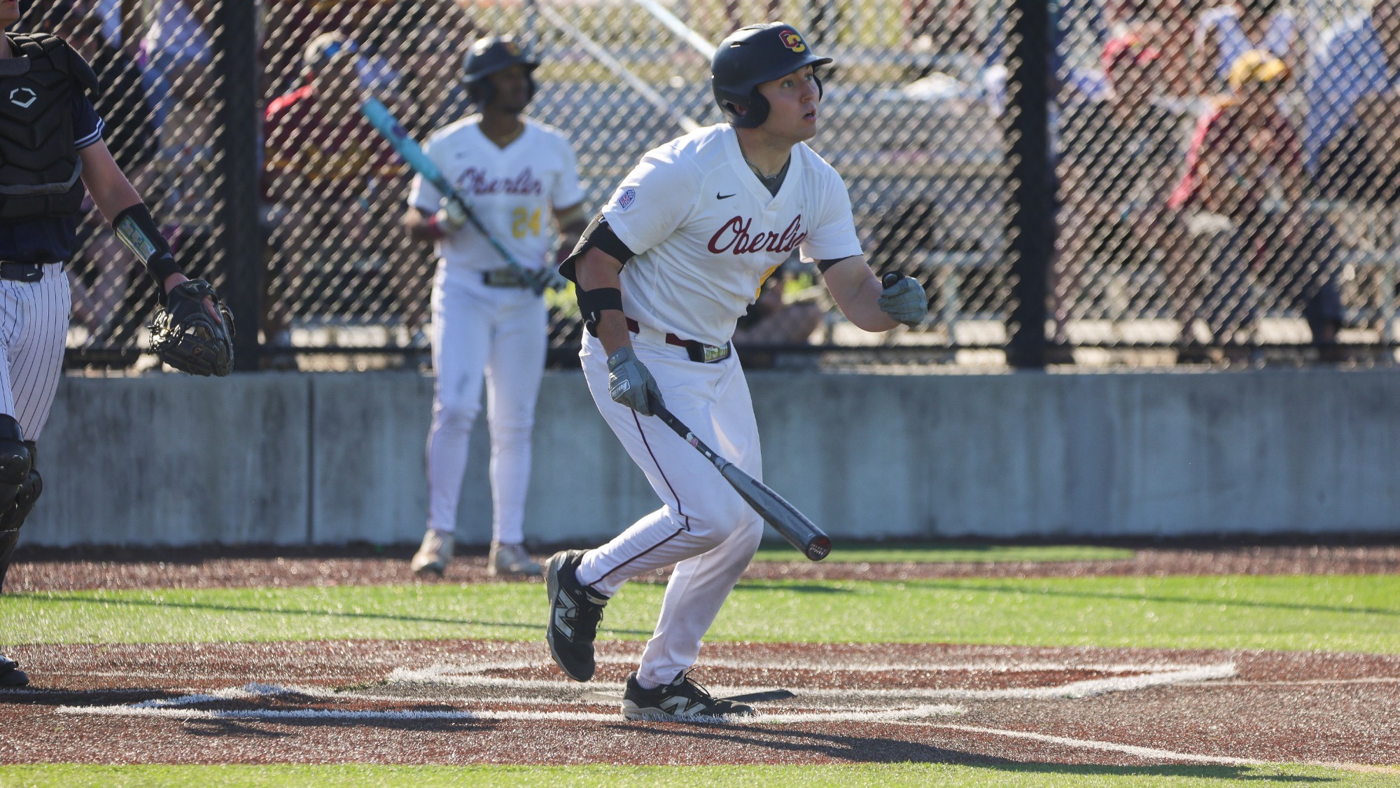 Daniel Krabill looking up in the batter's box after hitting a ball
