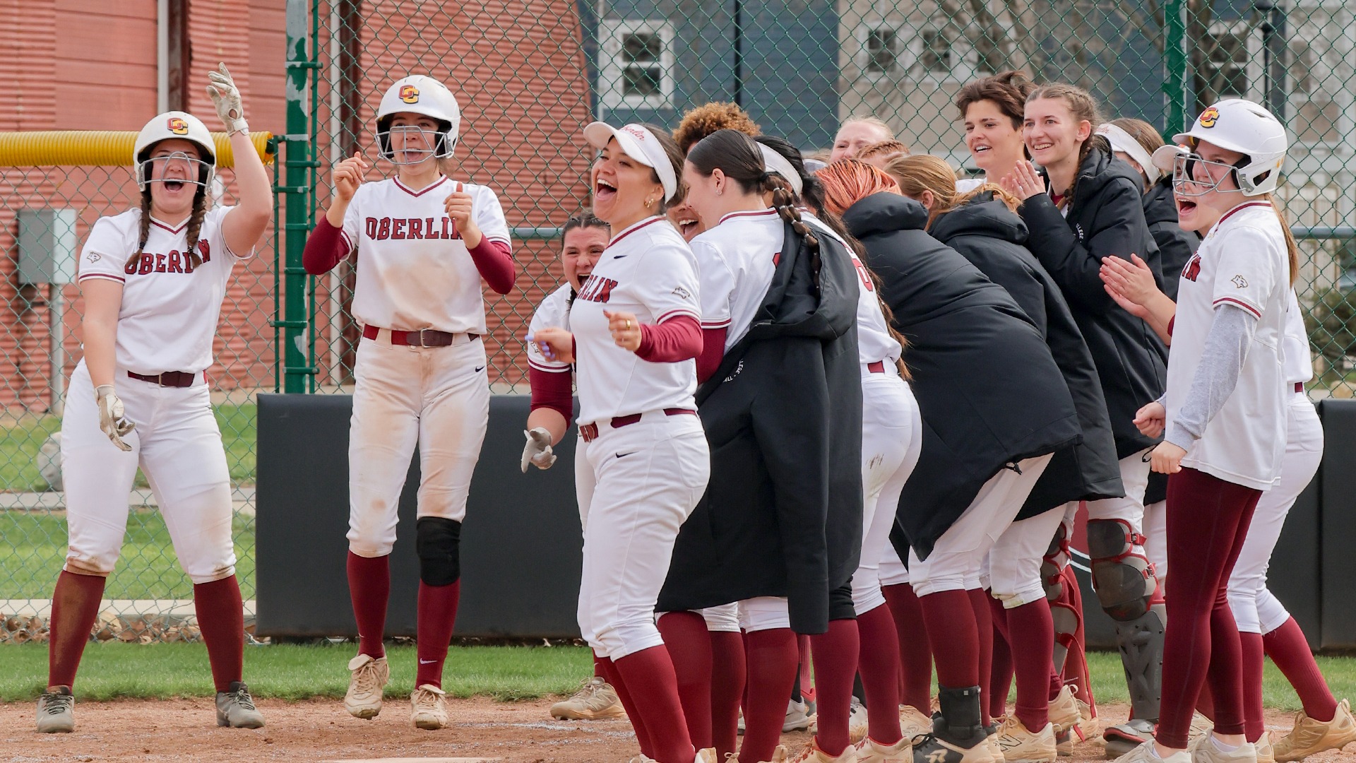Softball team celebrating at home plate