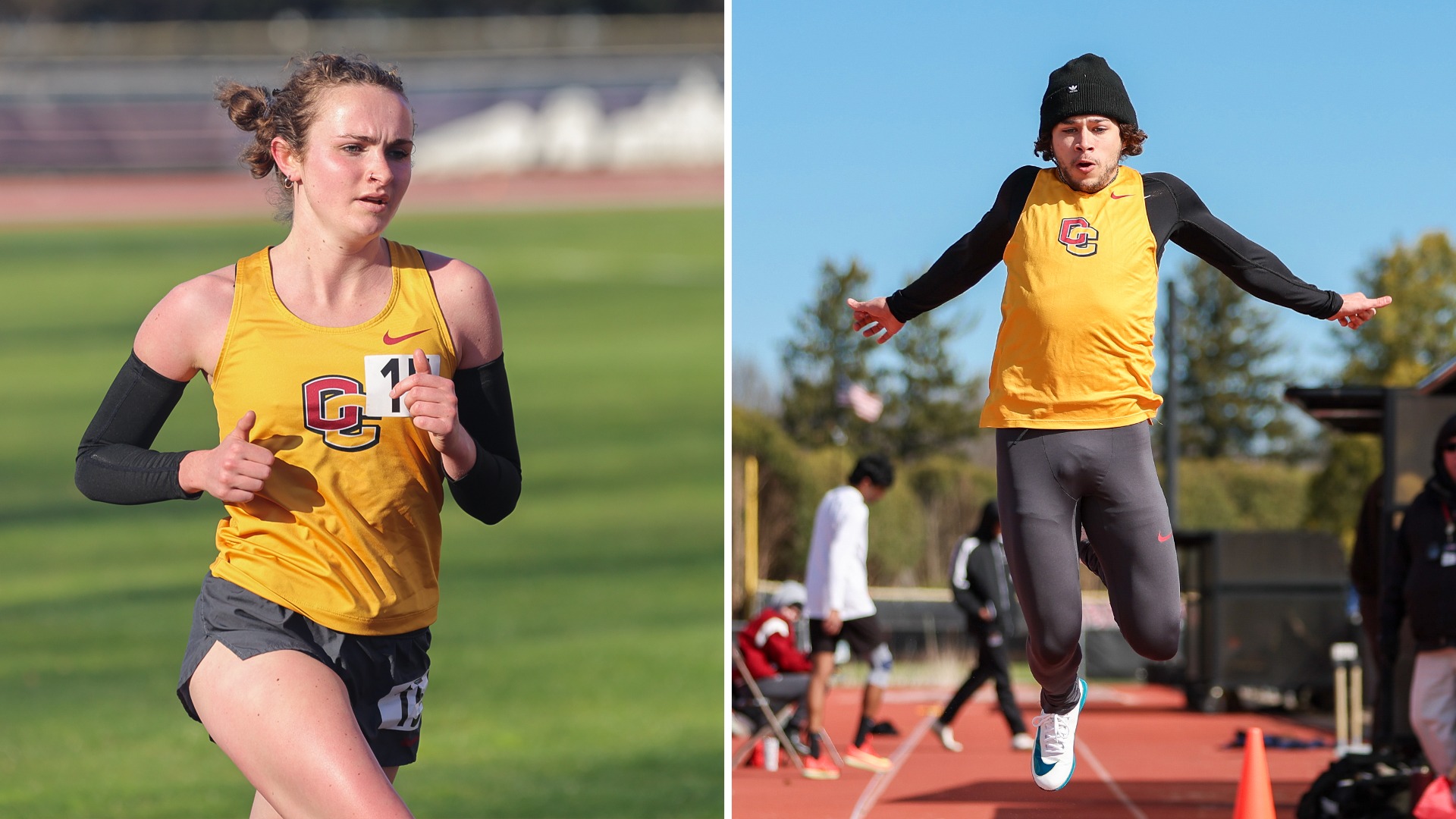 Solana Pearl running on left, Dane Mentore jumping on right