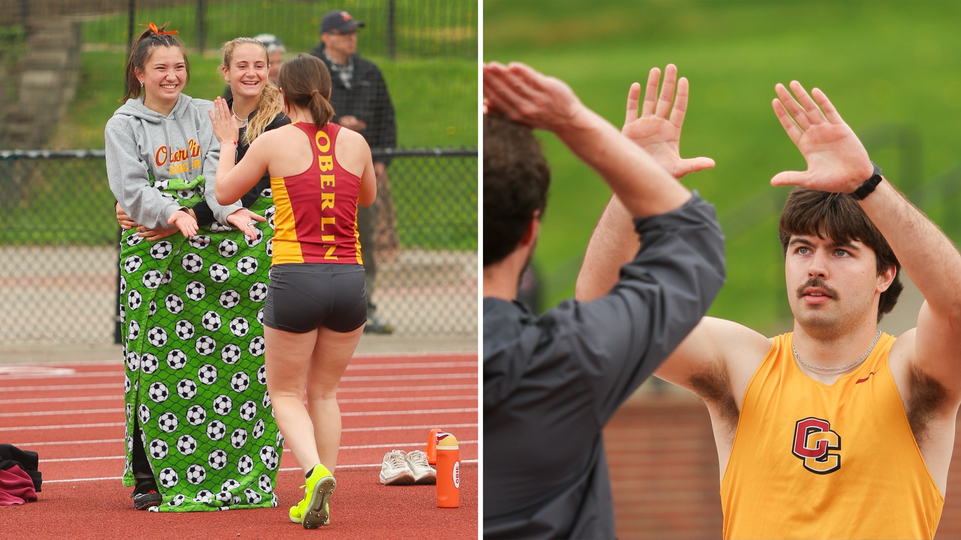 Averi Williams and Molly Button cheering on Celia Vaughn on left, Kit Evans high fiving Ben Wach on right