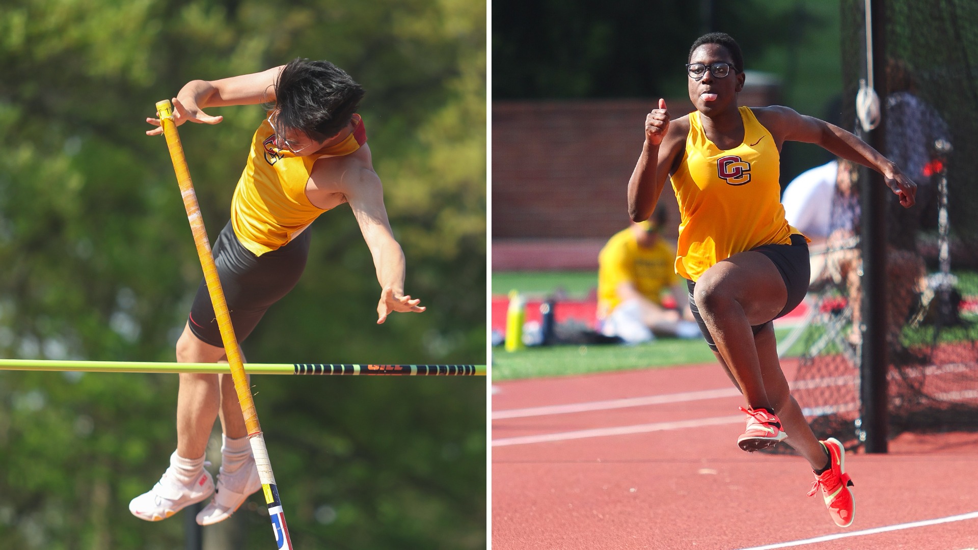 Ben Indinopulos clearing pole during pole vault on left, Sarah Christie running down the triple jump runway on right