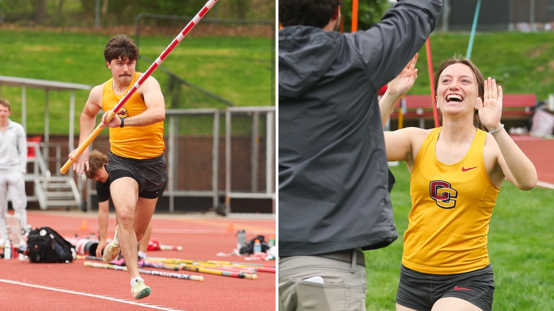 Kit Evans runs down runway with pole vault on left, Celia Vaughn celebrates with Head Coach Ben Wach on right