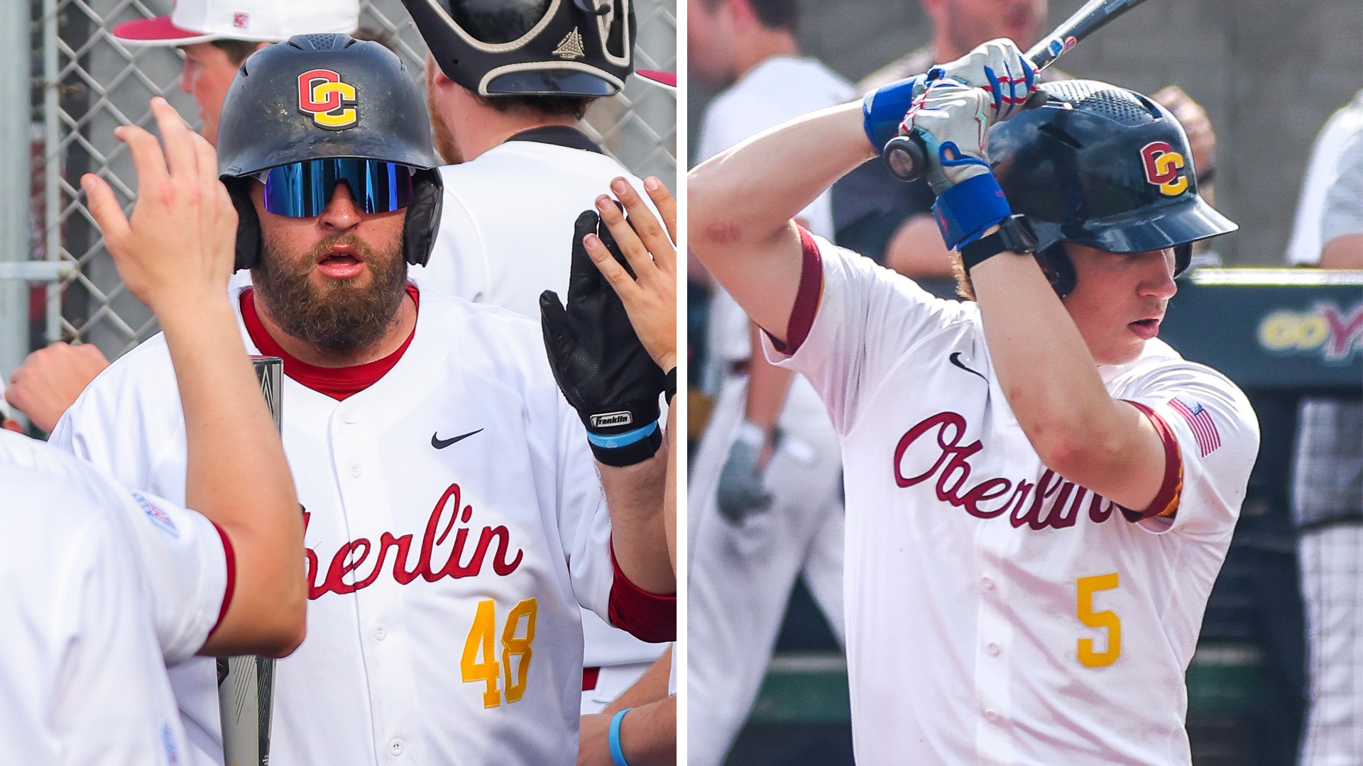 Left to Right: Kyle Baxt high-fiving teammates, Brady Groves with the bat behind his head, ready to swing