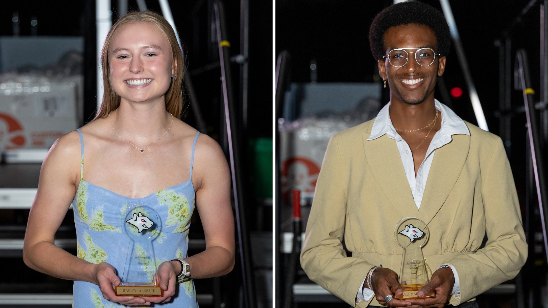 From left to right: Hailey Alspach holding trophy, Namu Makatiani holding trophy