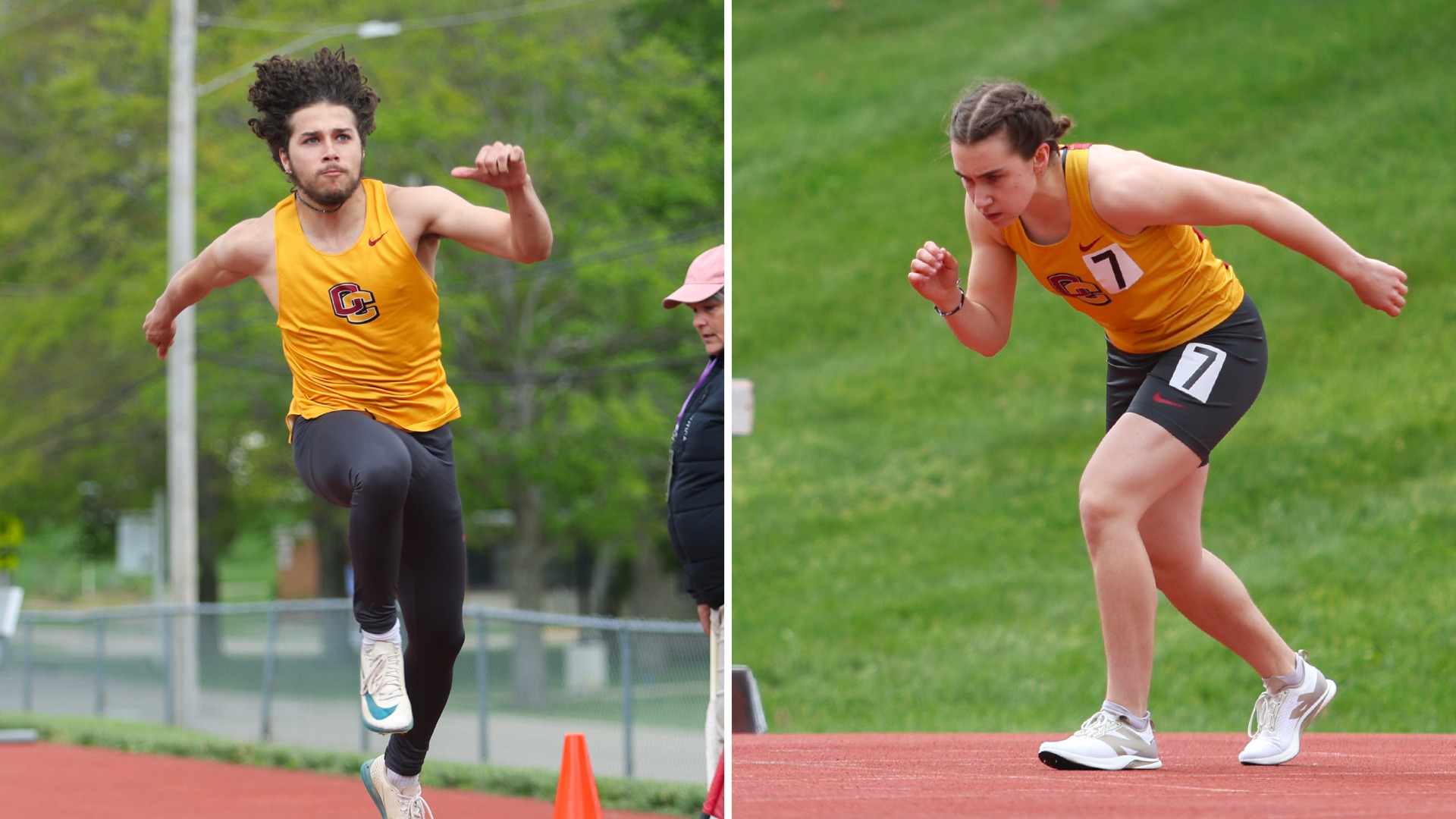 Dane Mentore jumping in triple jump on left, Ella Wozek preparing to start on right