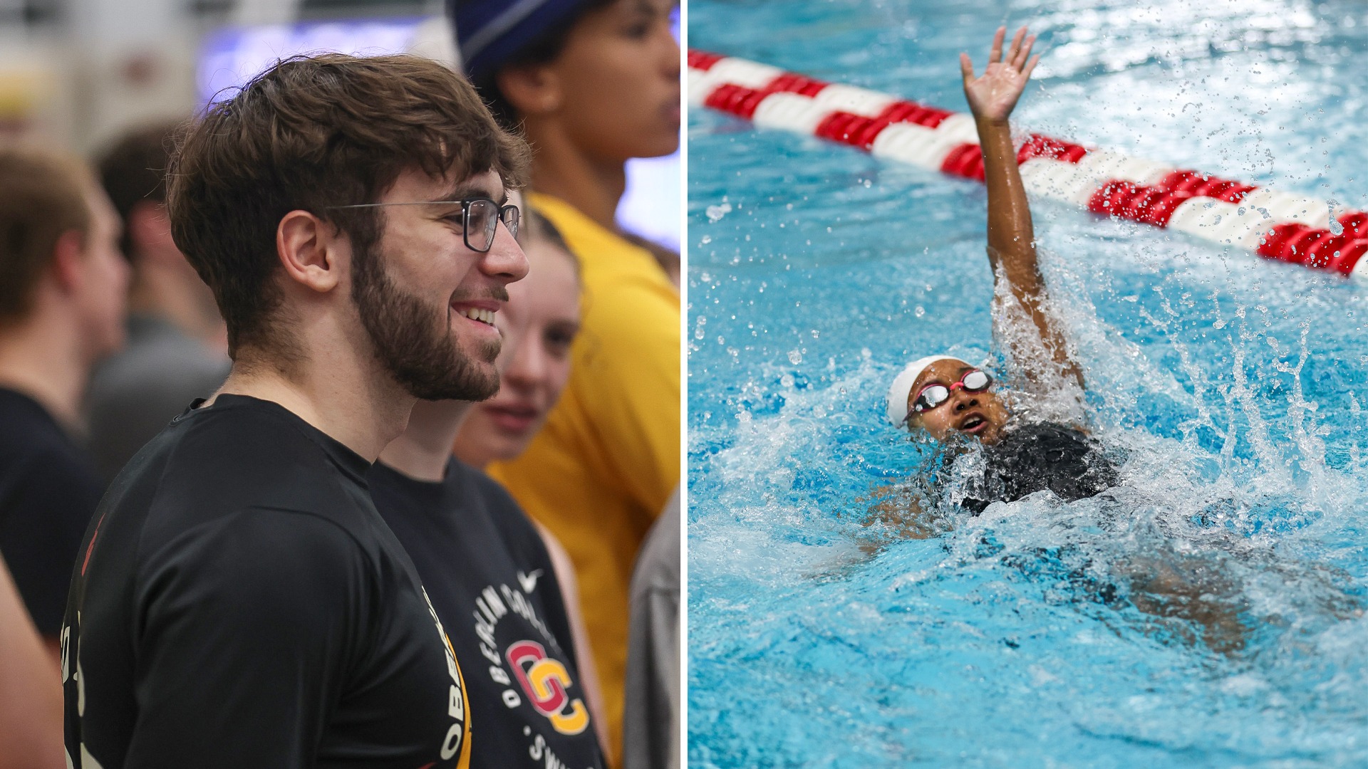 John Polylogidis smiling on left, Nyrobi Whitfield swimming backstroke on right