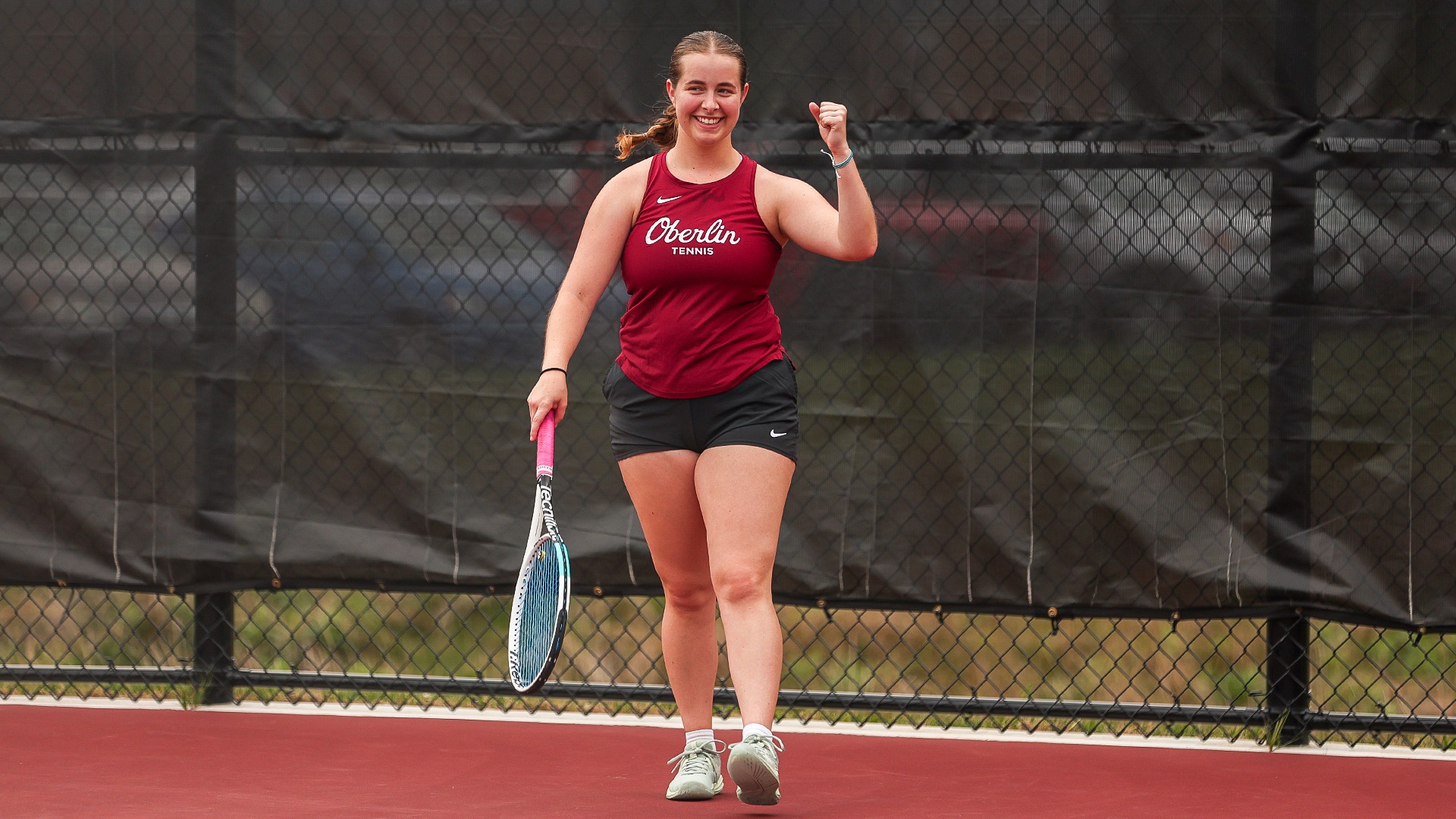 Rachel Allen celebrates while holding fist in the air