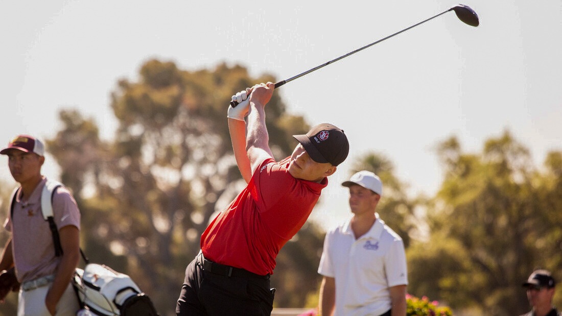 Joe Rohlwing follow through on a drive watching his ball