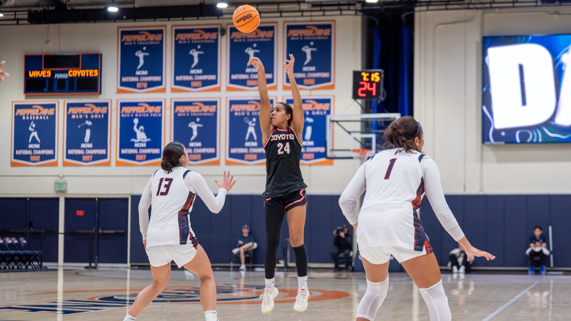 Elise Turrubiates puts up a three-point shot against Pepperdine at Firestone Fieldhouse Wednesday night