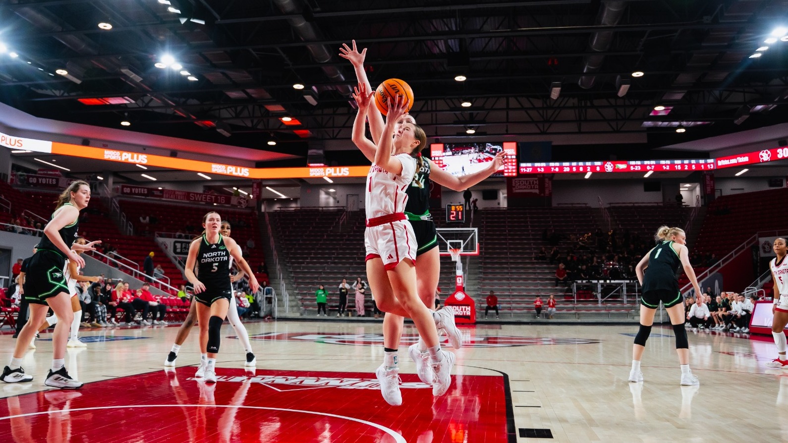 Molly Joyce goes up for a lay-up against North Dakota inside the Sanford Coyote Sports Center