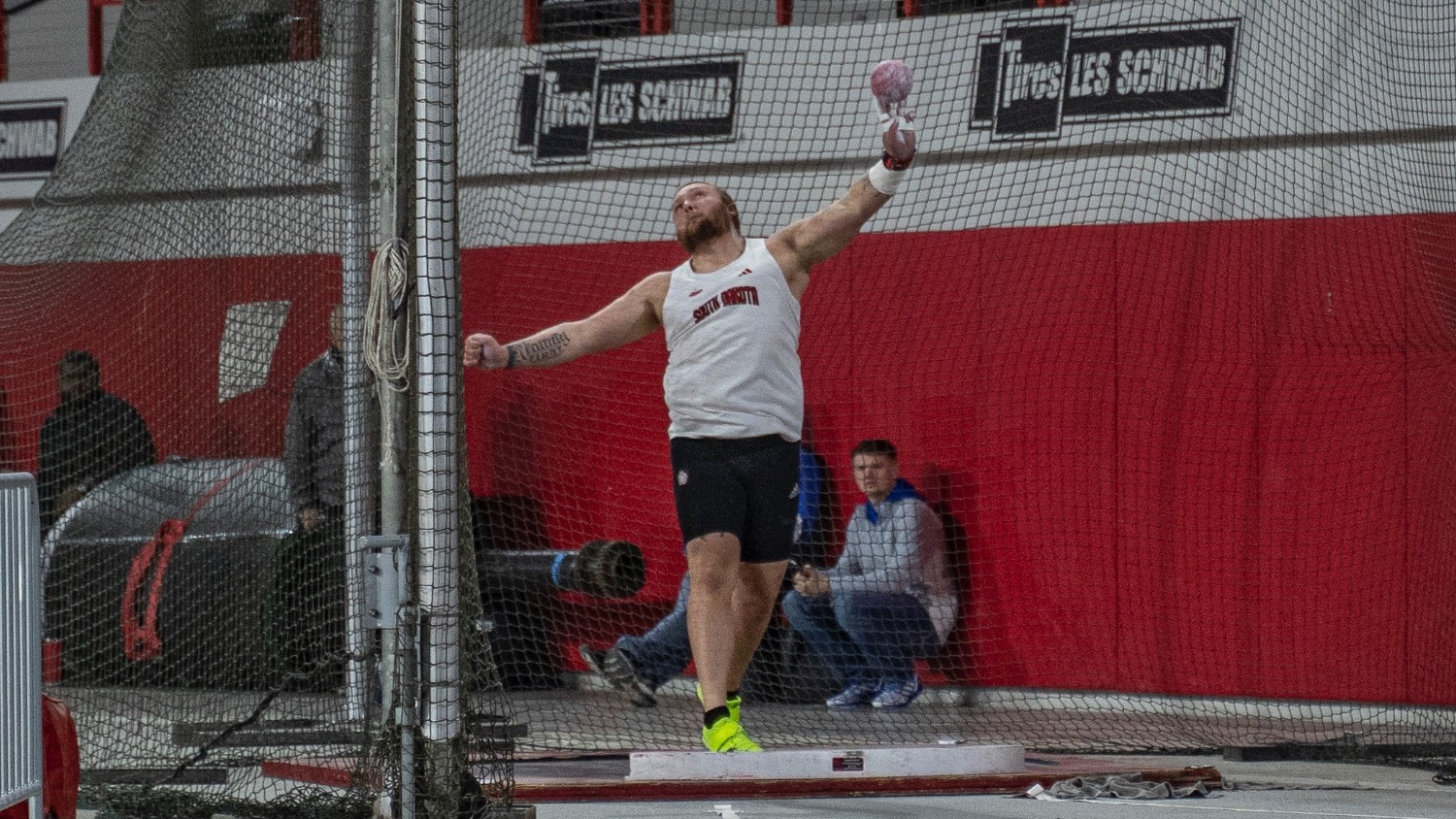 Tristan Gray competes in the shot put at the USD Alumni Meet