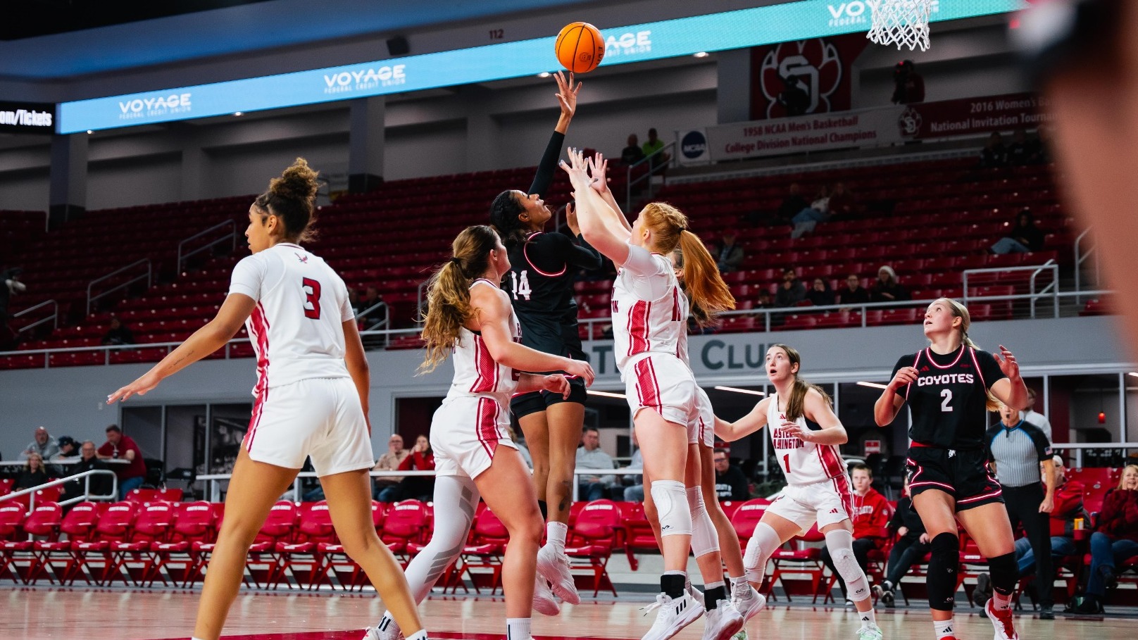 Josie Hill goes up for a shot against Eastern Washington inside the SCSC