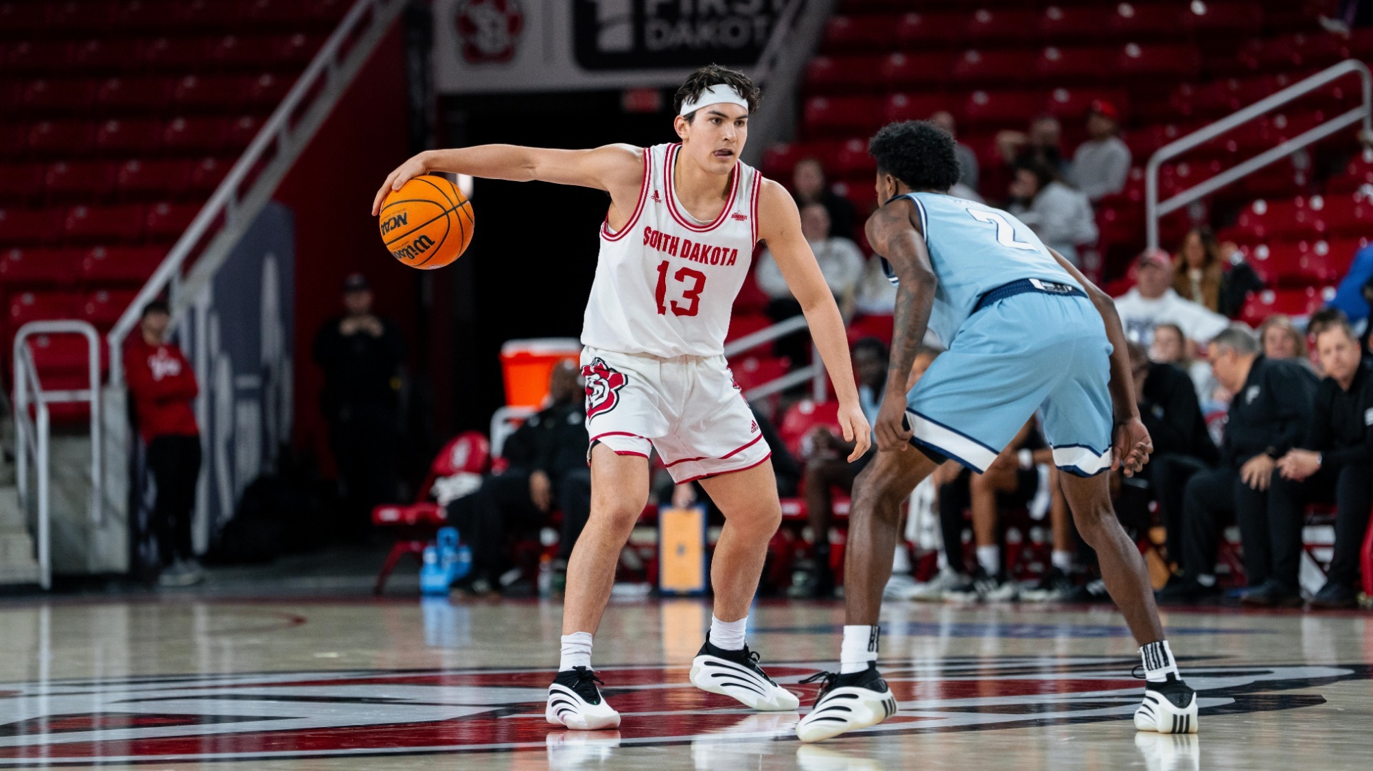 Silas Bennion dribbling the ball at the top of the key against Kansas City 2025-26