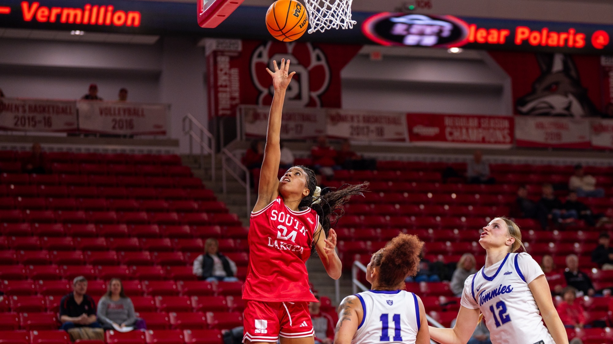 Elise Turrubiates goes up for a lay up against St. Thomas in the SCSC Wednesday night