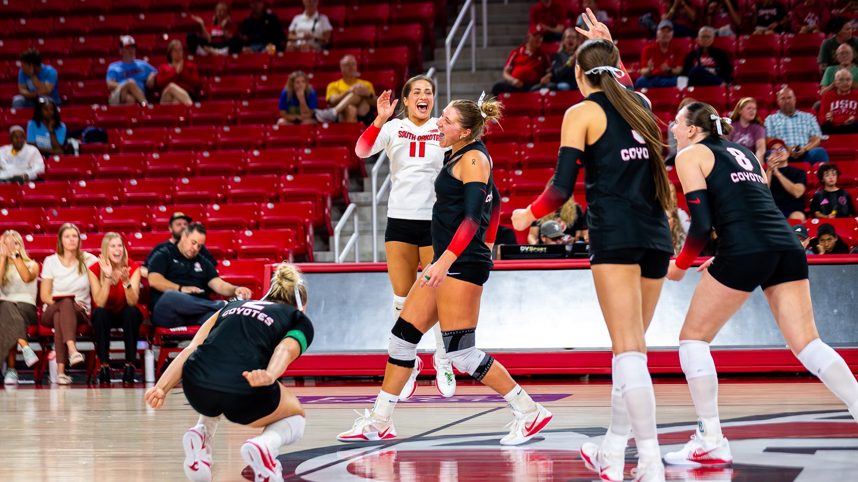 Sierra Pokharel and Lauren Medeck celebrating a point against KC