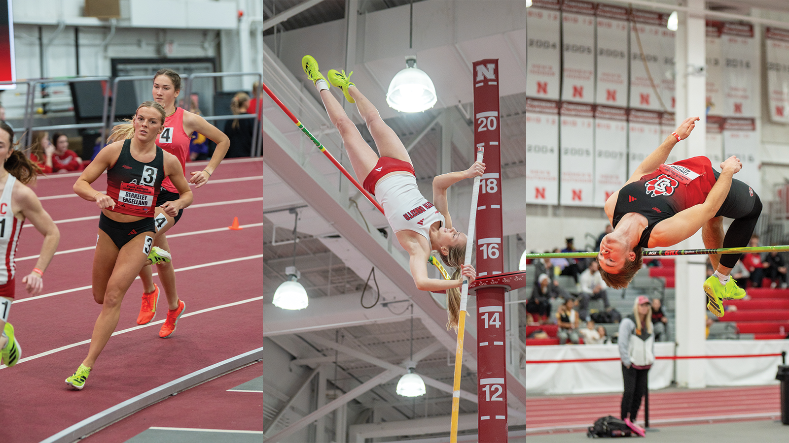 Photos of Berkeley Engelland, Anna Willis, and Landon Olson competing