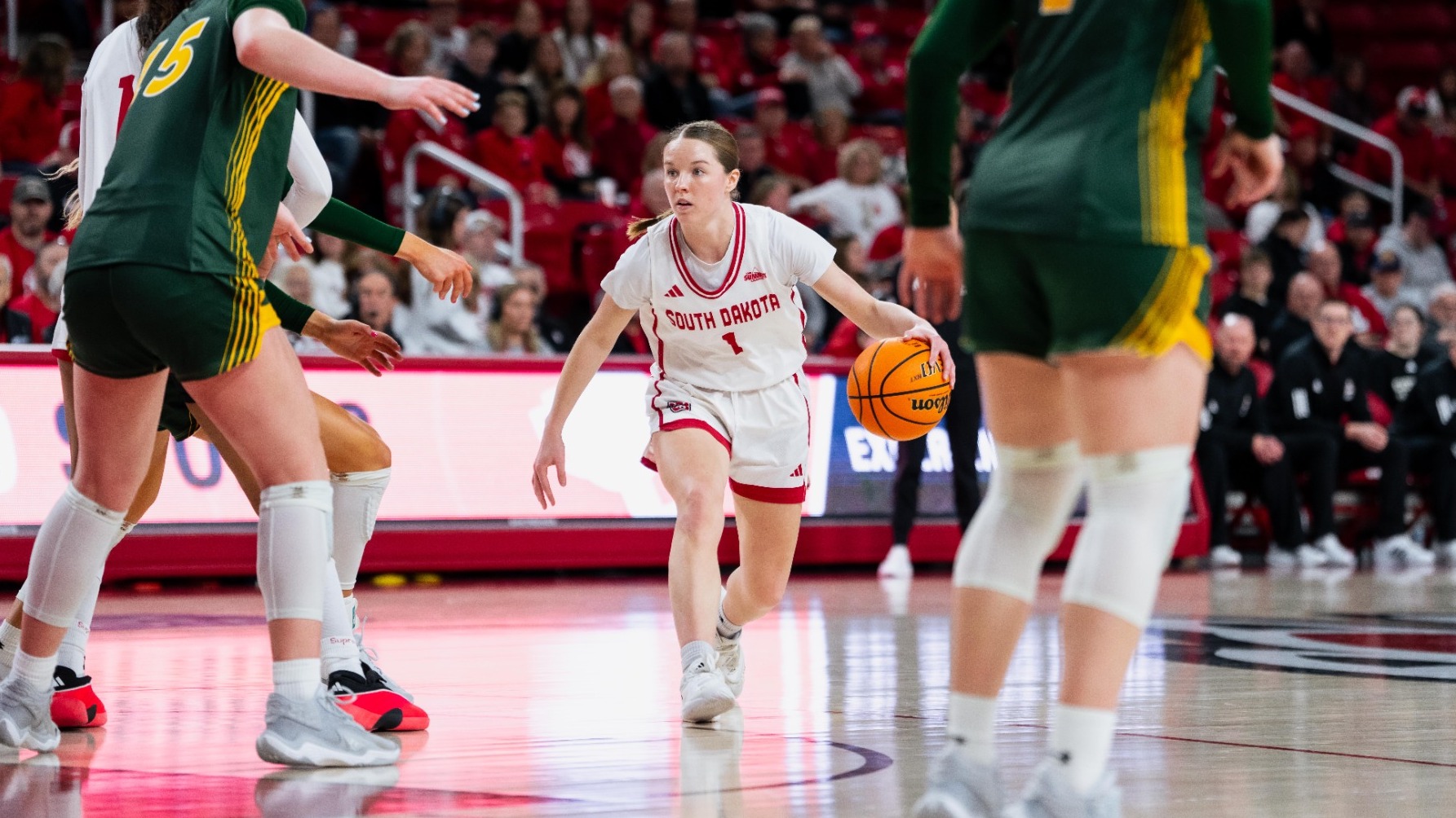 Molly Joyce looks to dribble the ball against North Dakota State