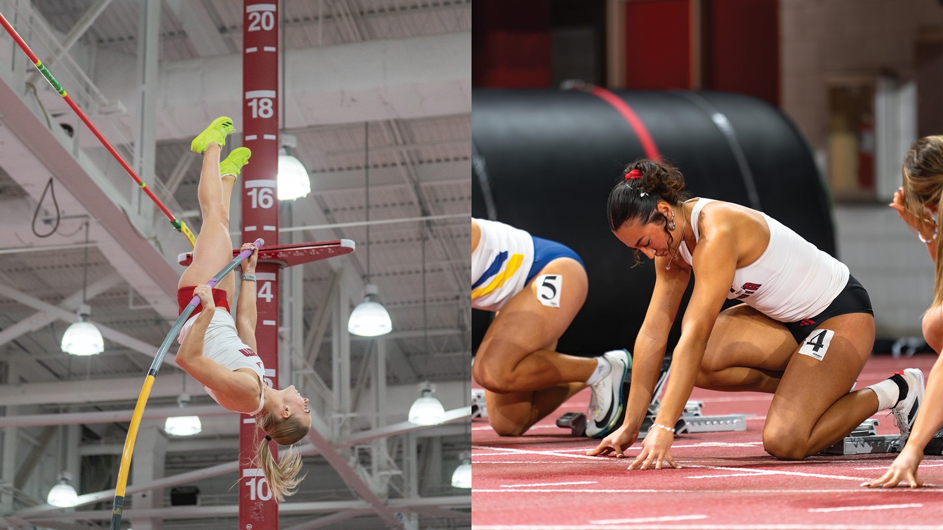 Marleen Mülla competes in the pole vault and Sophie Amin prepares for her race