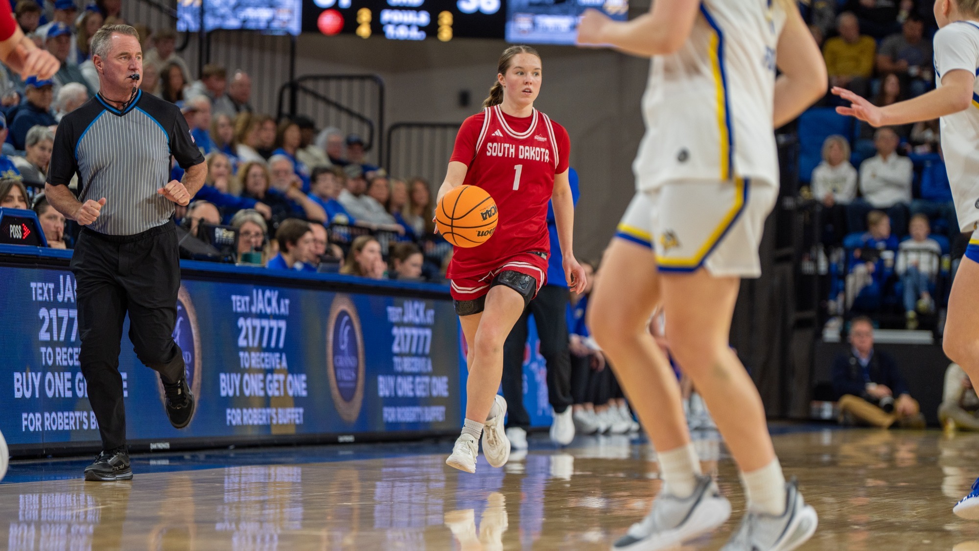Molly Joyce brings the ball up the floor against SDSU in First Bank & Trust Arena