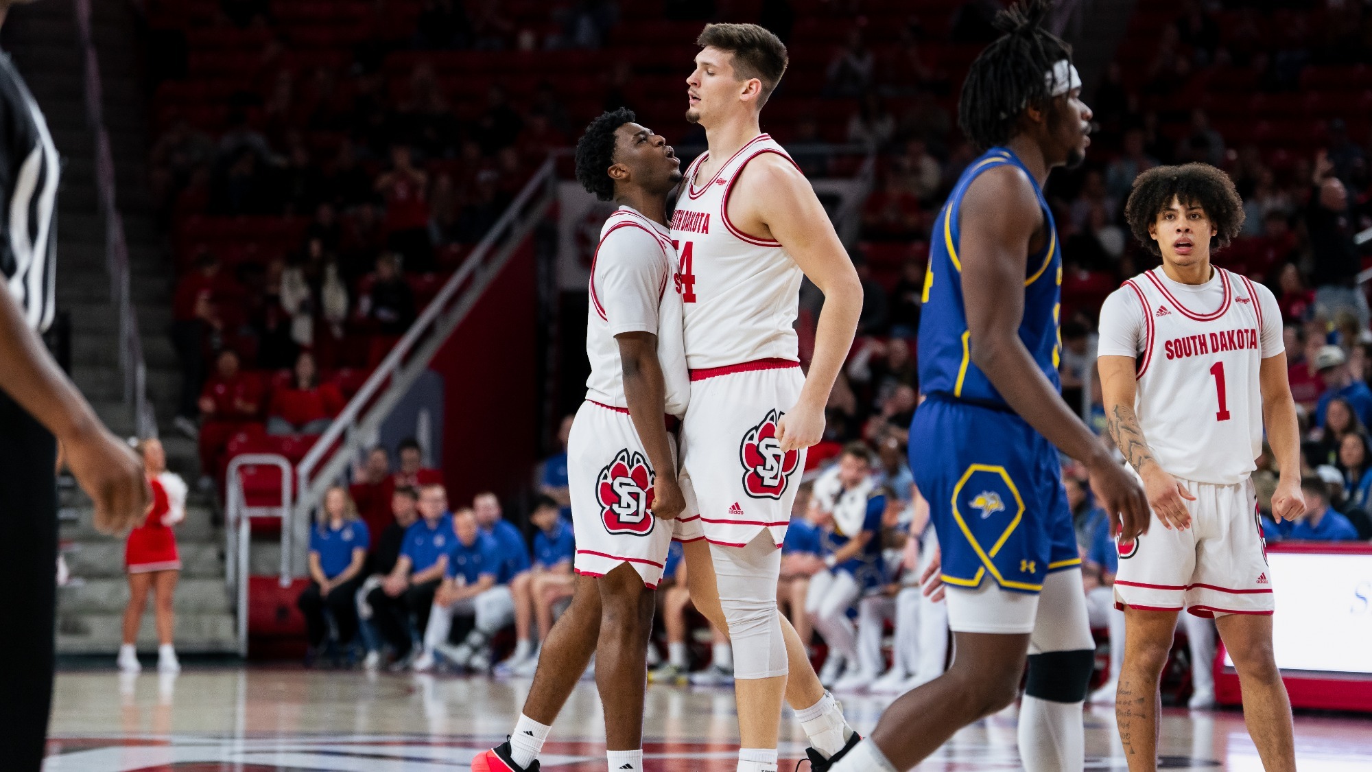Jordan Crawford and Cameron Fens celebrating after a bucket against SDSU 022826