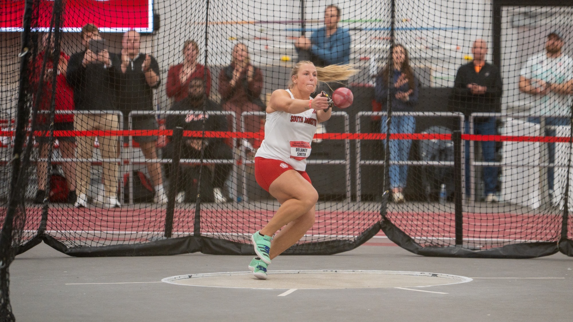 Delaney Smith competes in the weight throw at the Frank Sevigne Husker Invitational