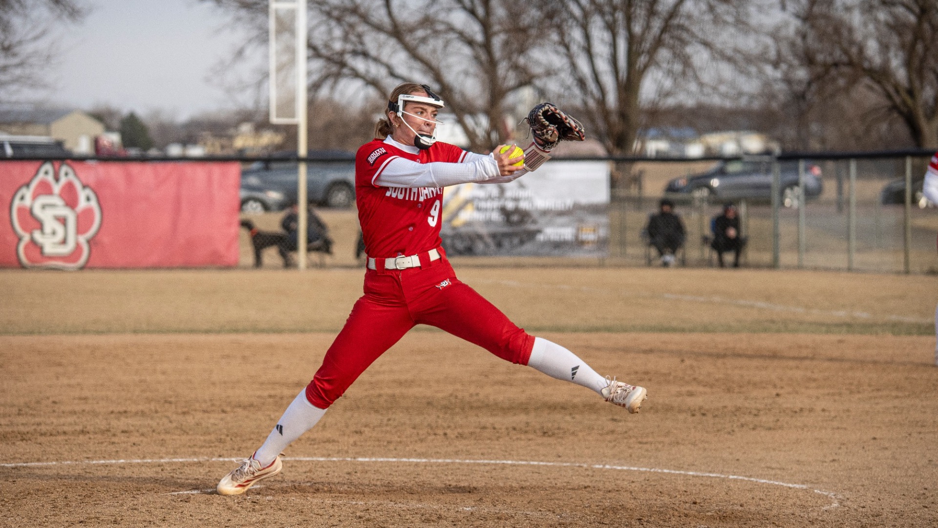 Aubrey Lensmeyer pitching at Nygaard Field vs Mount Marty
