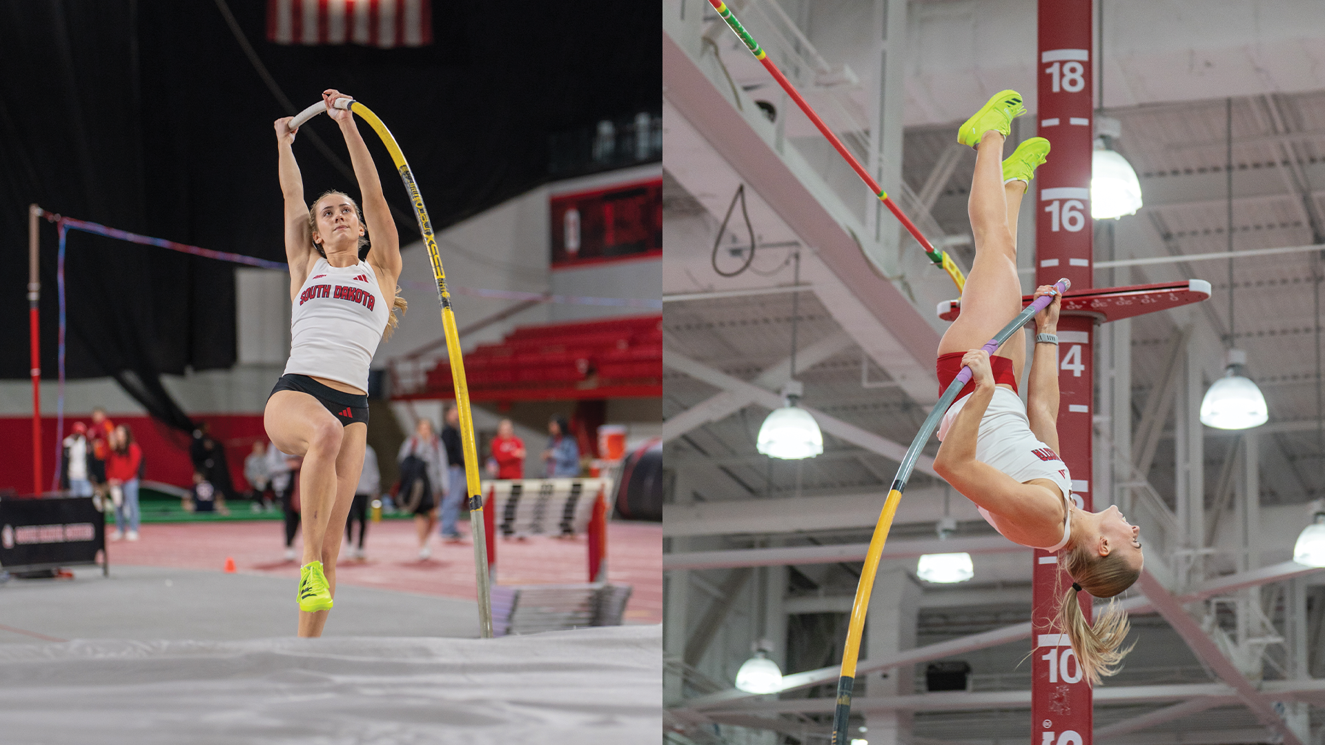 Photos of Anna Willis and Marleen Mülla competing during the 2026 indoor season