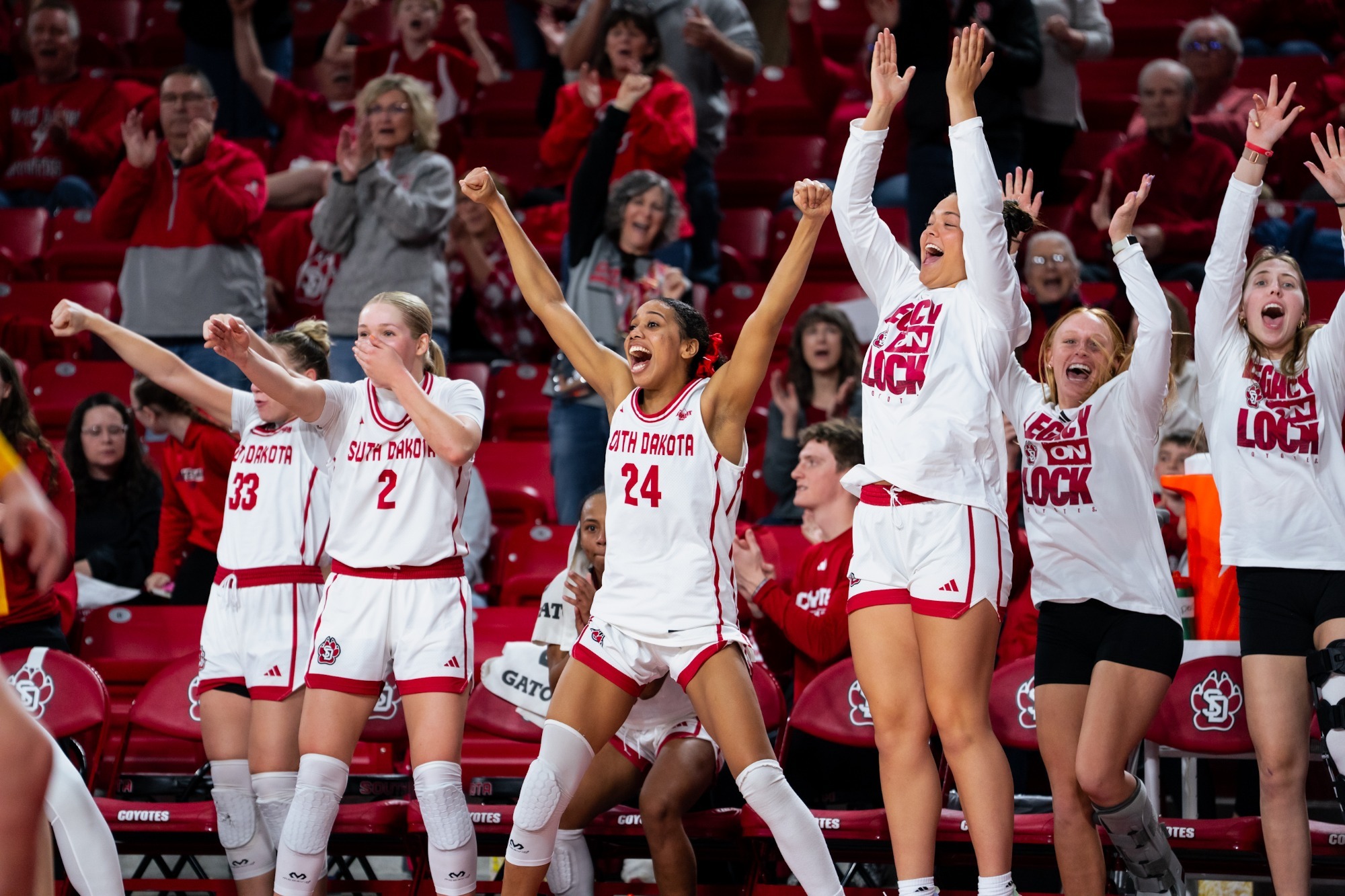 The Coyote bench celebrates during Sunday's game against Northern Colorado