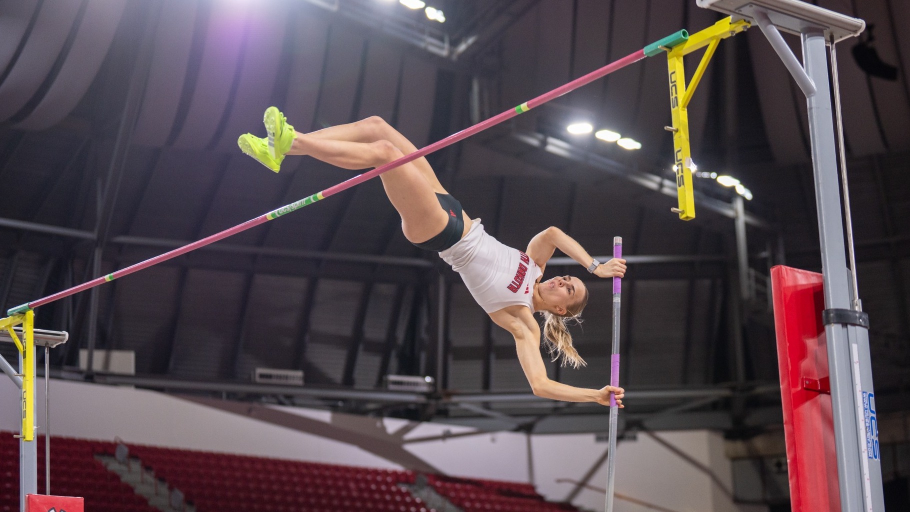 Marleen Mülla attempts to clear the pole vault bar inside the DakotaDome