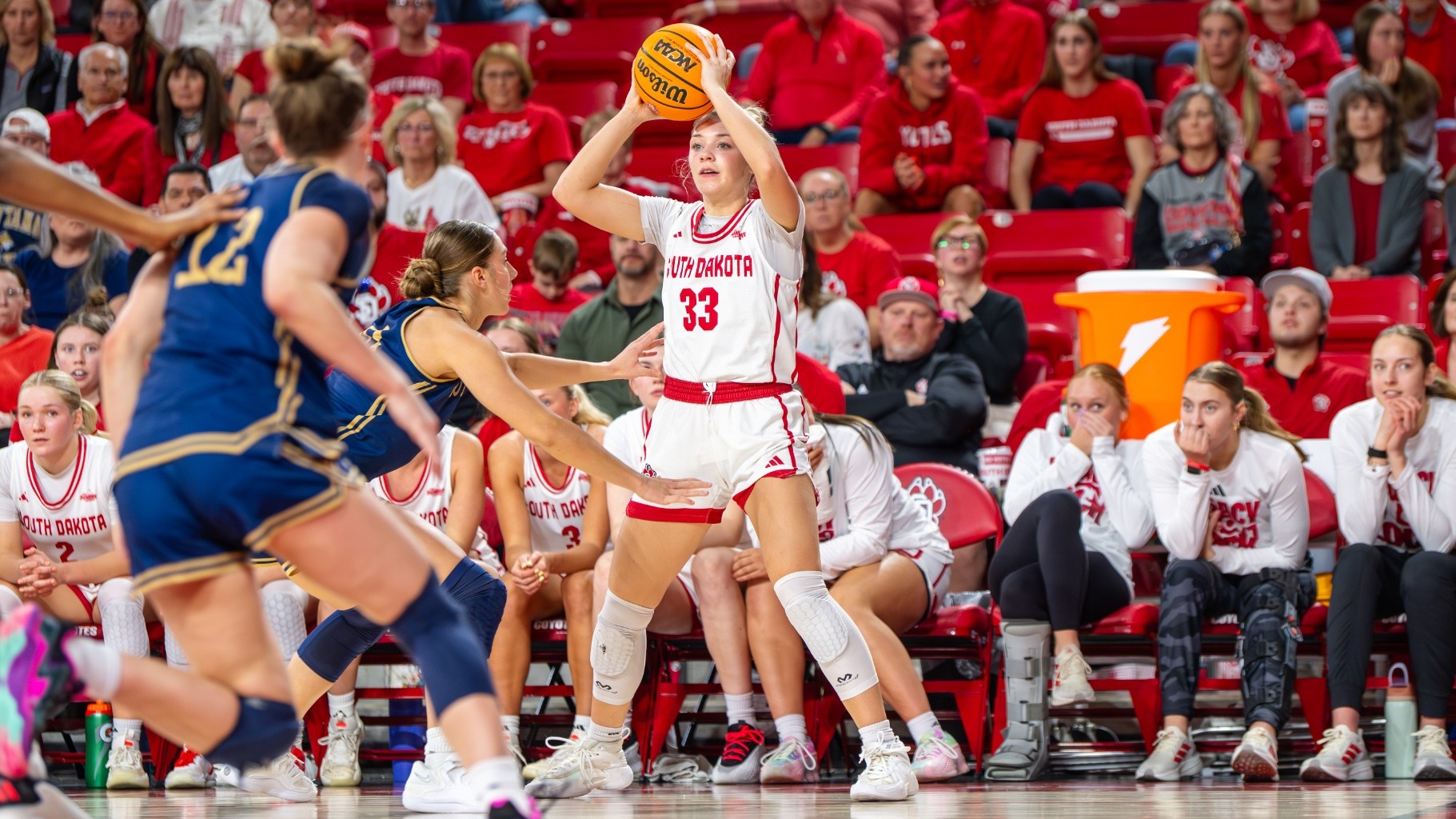 Tori Schlagel looks to pass in front of the USD bench during Sunday's game against Montana State