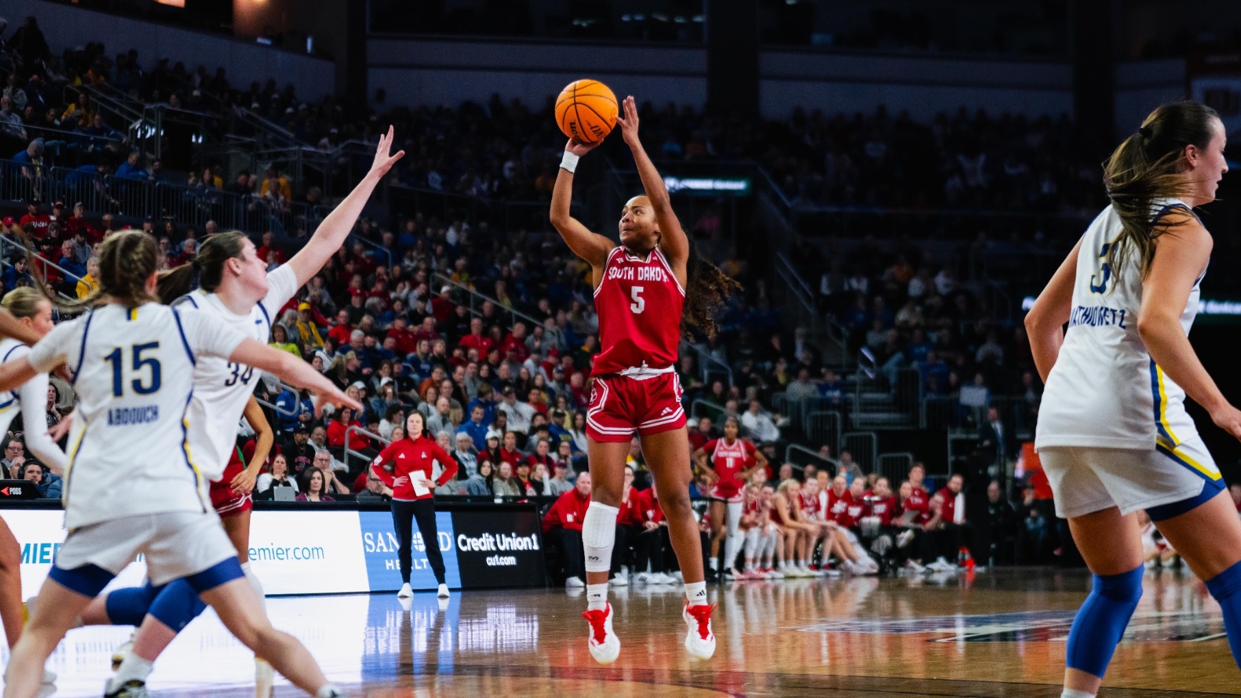 Angelina Robles attempts a shot against SDSU at the Denny Sanford Premier Center