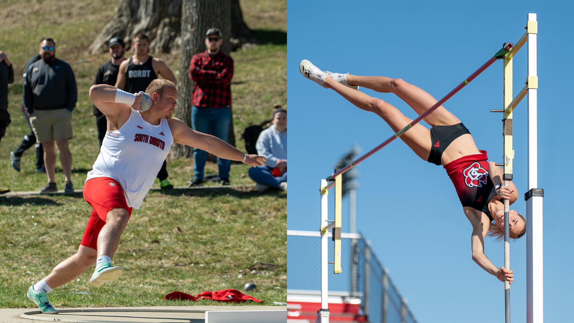 Photo of Brandon Vander Sluis in shot put (left) and Marleen Mülla in pole vault (right)