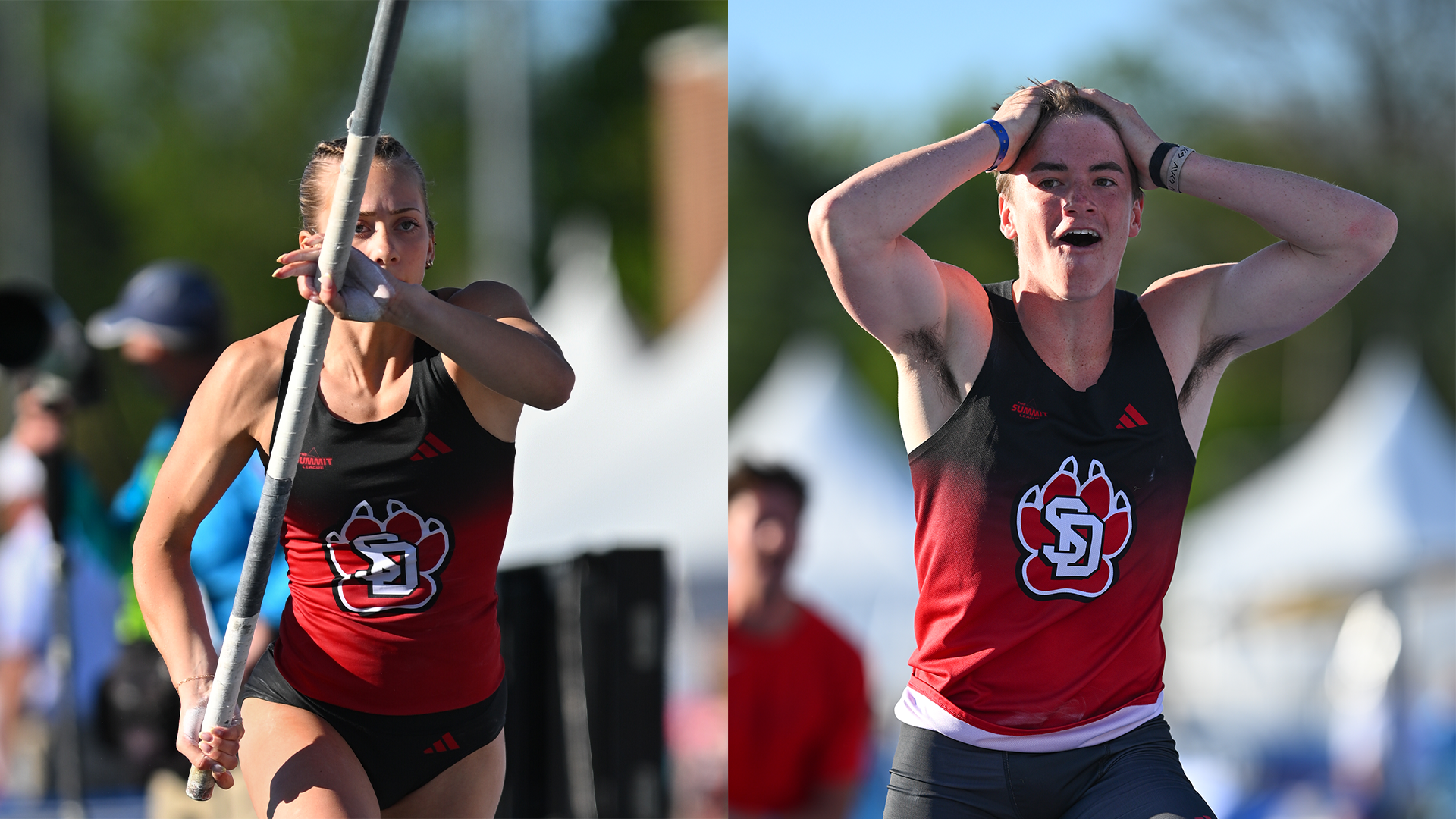 Photos of Anna Willis and Caelan Harland competing at the Drake Relays