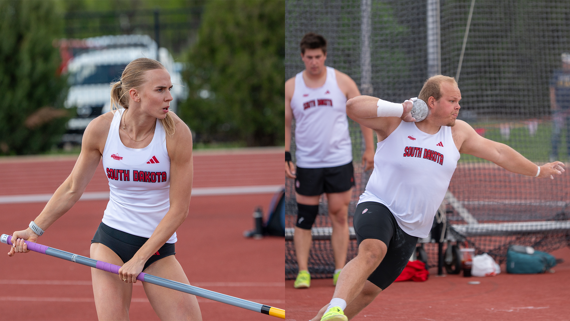 Marleen Mülla (left) and Brandon Vander Sluis (right) compete in the respective events at the USD Twilight Meet