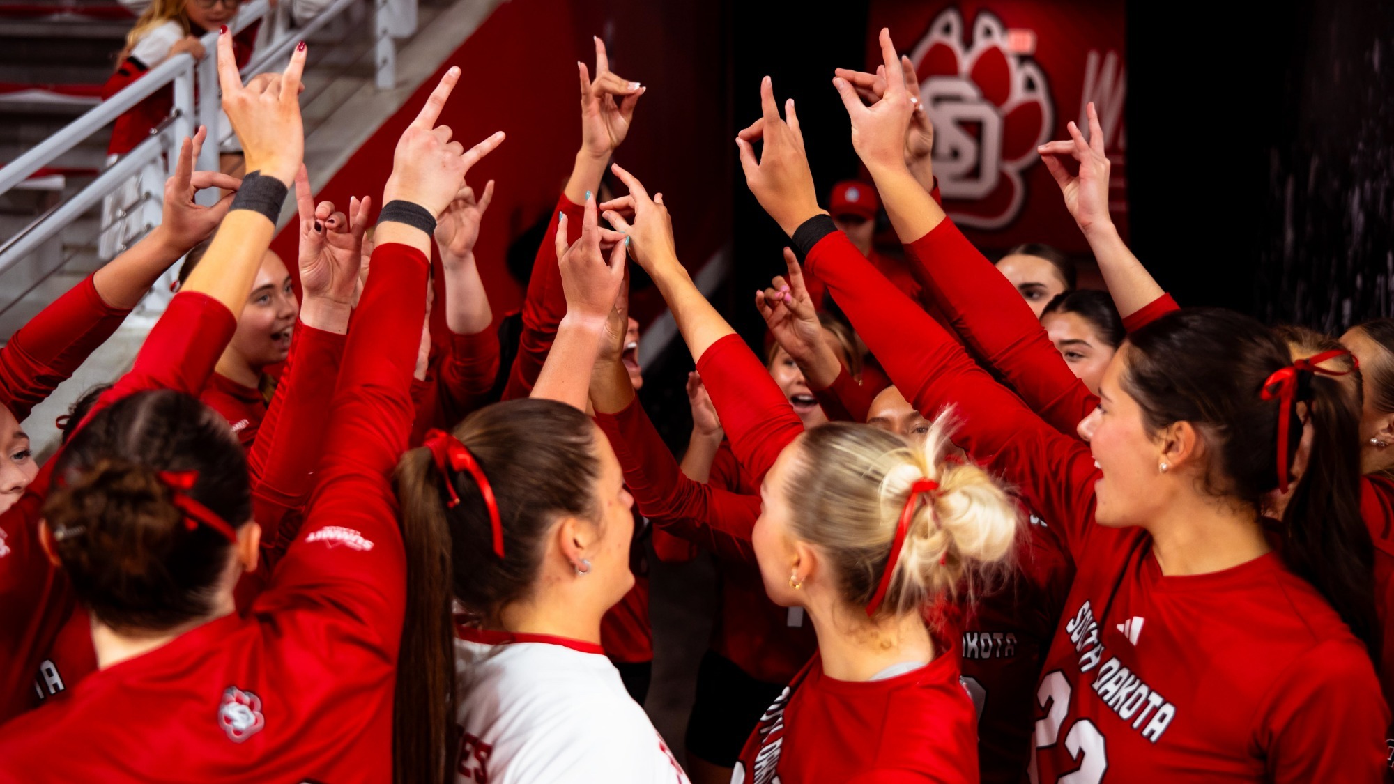 Volleyball team pre game huddle against South Dakota State 2025